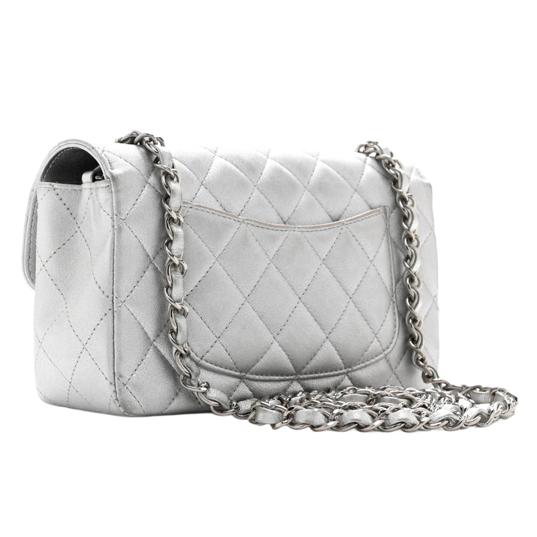 CHANEL 17B CLASSIC QUILTED 'METALLIC' LAMBSKIN RECTANGULAR MINI FLAP SILVER HARDWARE