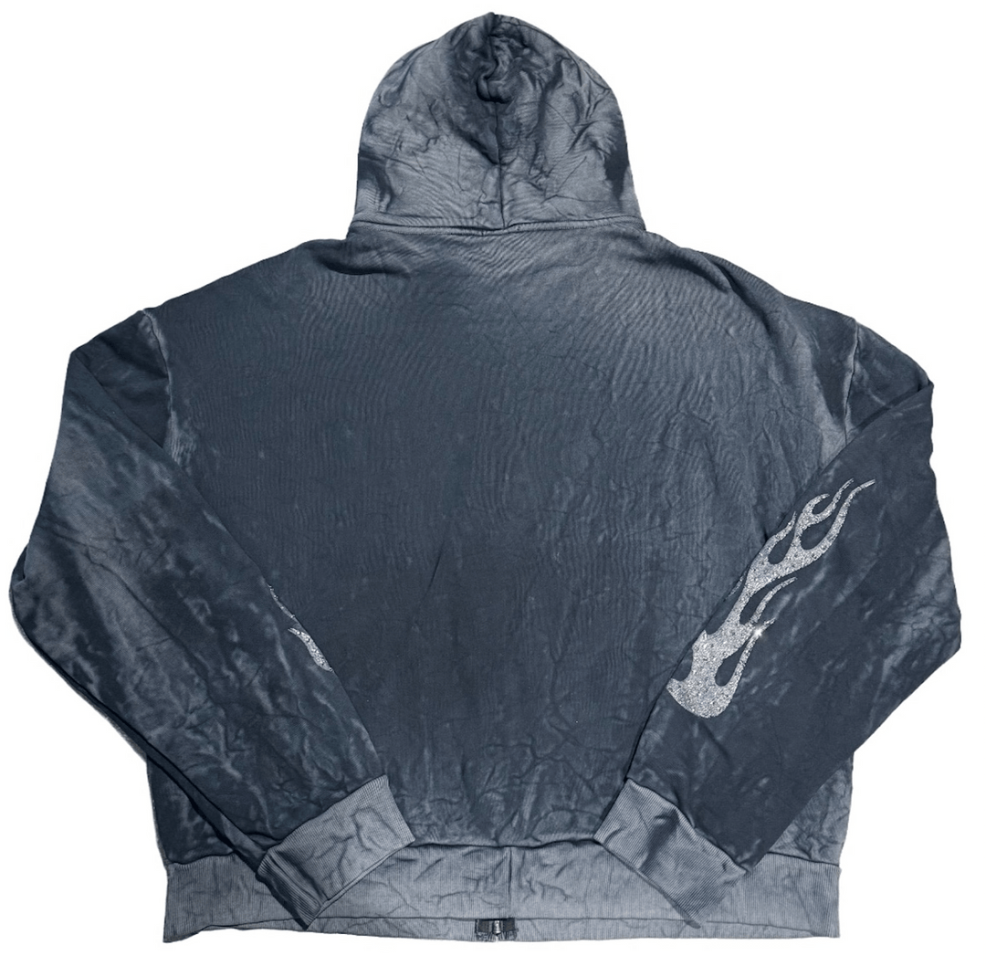 BOSSI 'SILVER FLAME' WASHED BLACK RHINESTONE ZIP-UP