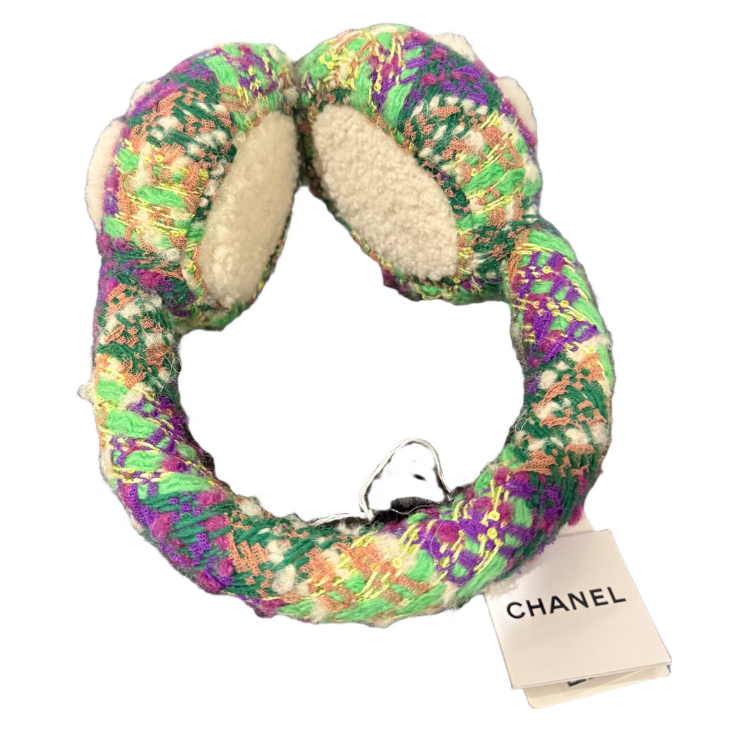 CHANEL GREEN TWEED AND SHEARLING EARMUFFS