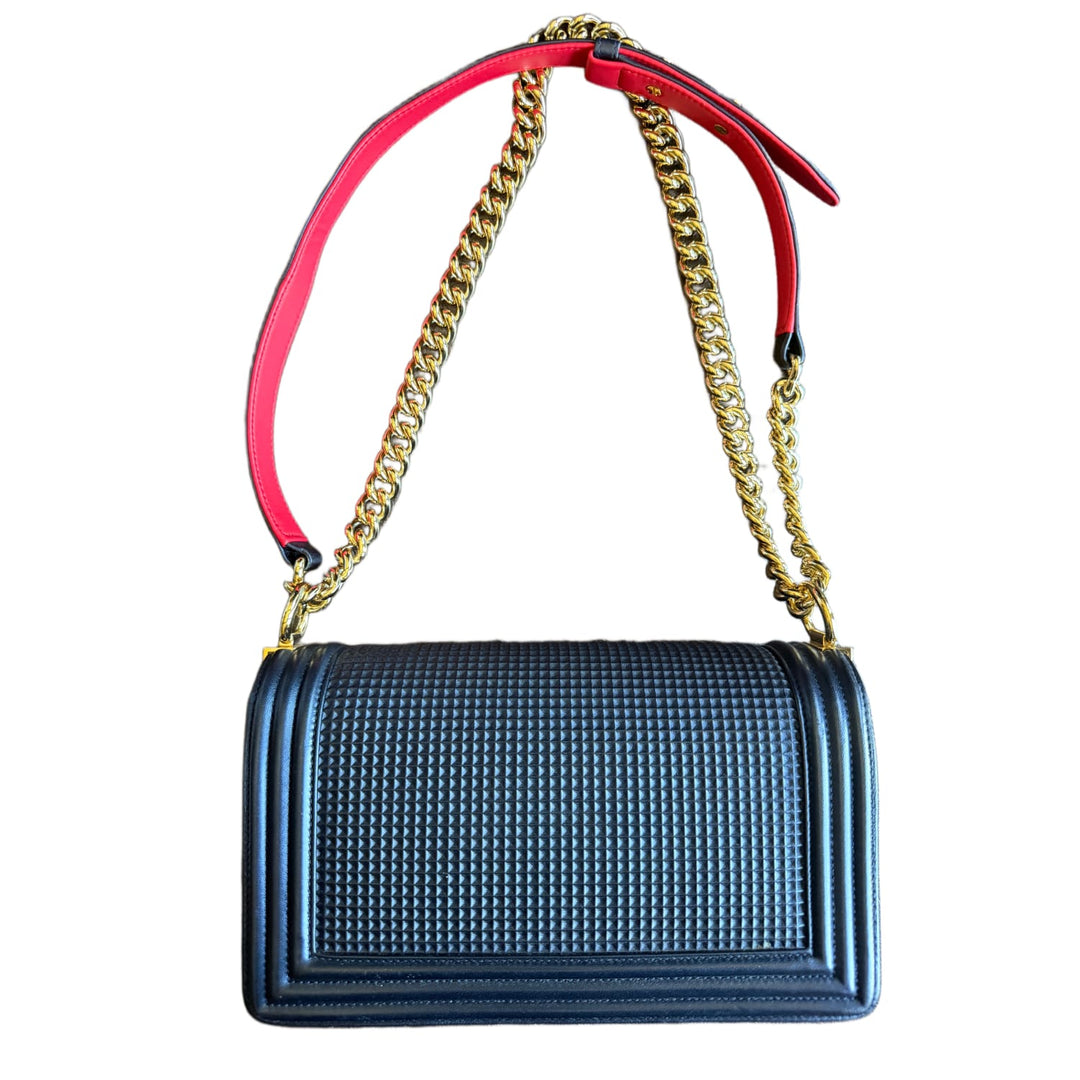 CHANEL BOY FLAP BAG 'METALLIC NAVY' CUBE EMBOSSED LAMBSKIN