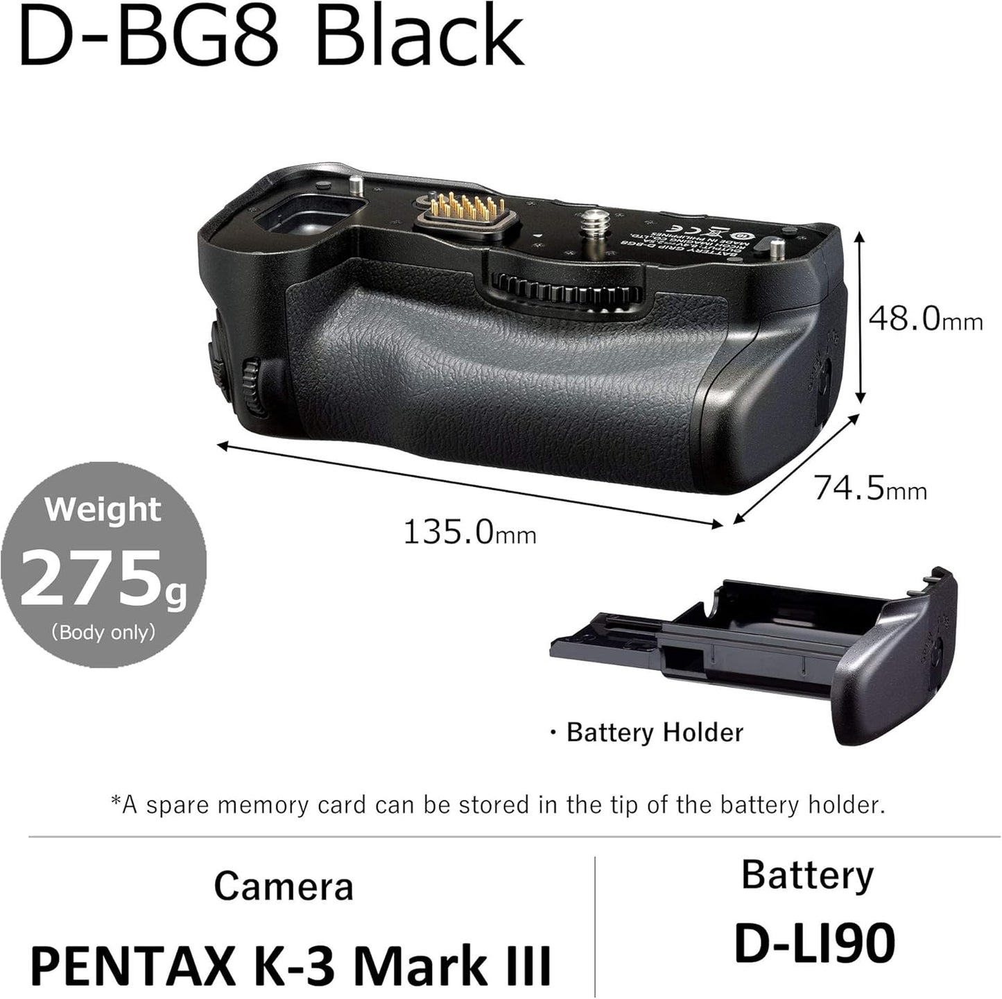 PENTAX D-BG8 Black Battery Grip for Pentax K-3 III Flagship DSLR Camera Dustproof Weatherproof Construction with Capacity to Hold Additional D-LI90 Batteries (37048)