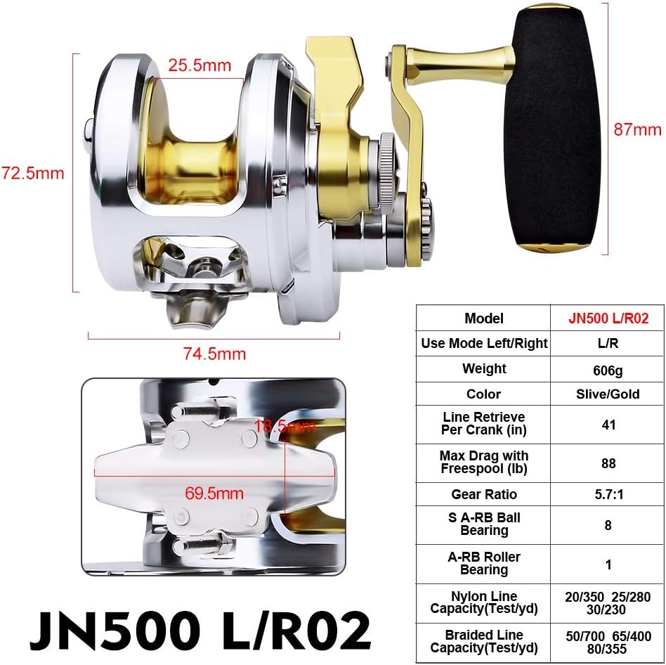 PROBEROS Traditional Reel Fishing Reel - Lever Drag Deep, Ocean, Ocean and Large Offshore Aging Reel - Max Drag 88 lbs (500, Right)