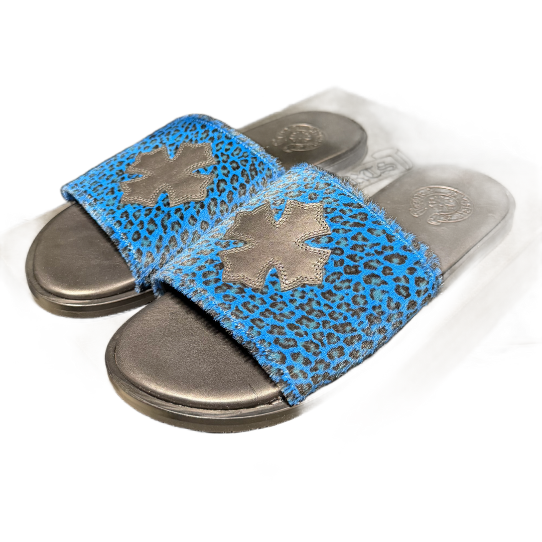 CHROME HEARTS BLACK AND BLUE CHEETAH LEATHER CROSS SLIDES