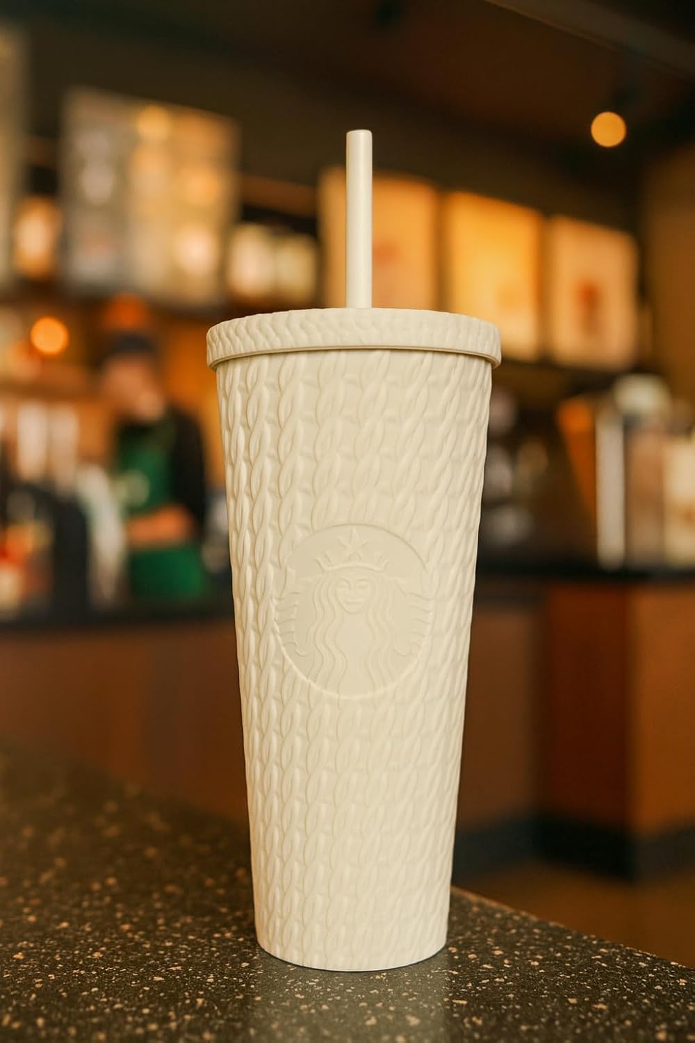 Starbucks - Vaso térmico de edición limitada con diseño de cable tejido blanco para otoño 2025, con pajilla, 24 onzas – Vaso frío de acero inoxidable para bebidas heladas y coleccionistas de temporada