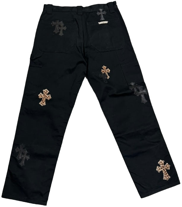 CHROME HEARTS 'LEOPARD/BLACK' CROSS PATCH DOUBLE KNEE PANTS