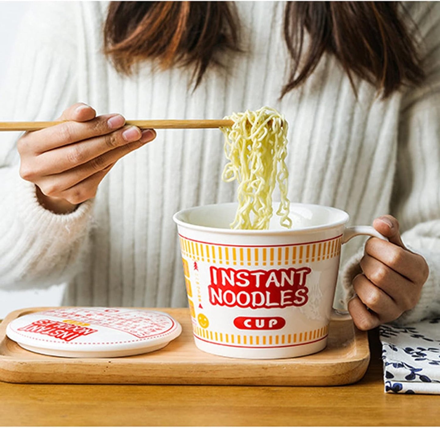 Tableware Udon Soba Ceramic Bowl Instant Noodle Bowl Mixing Ramen Bowl and Cover for Restaurant Ramen Commercial Use (Color: Blue, Size: One Size)