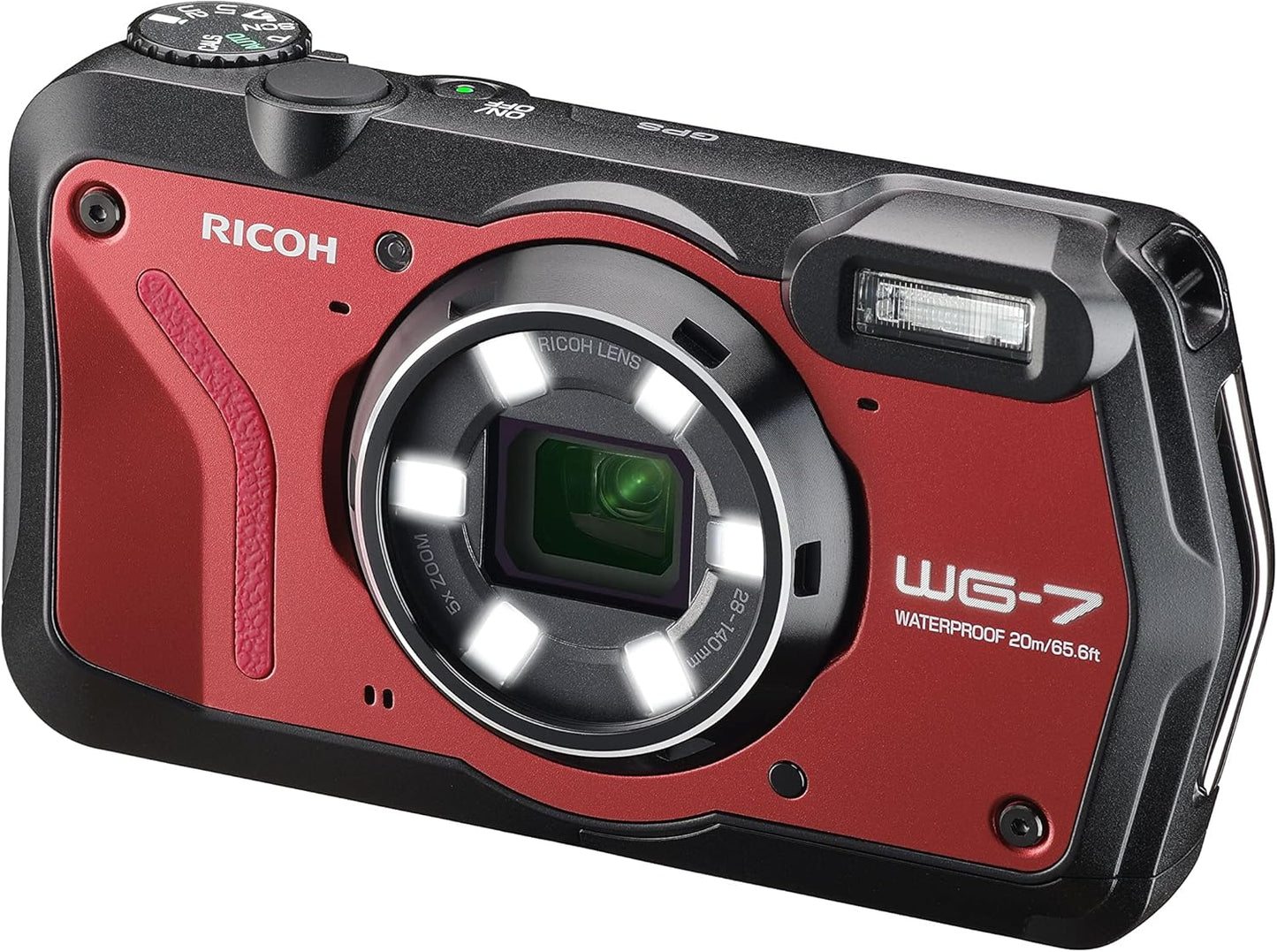RICOH 3110 WG-7 Red Authentic Outdoor Camera, 20 Million Pixels, Wide Angle 1.1 inches (28 mm), 5x Optical Zoom, 6-Light Multi-Function Ring Light, Works in Construction and Sites, Equipped with "CALS