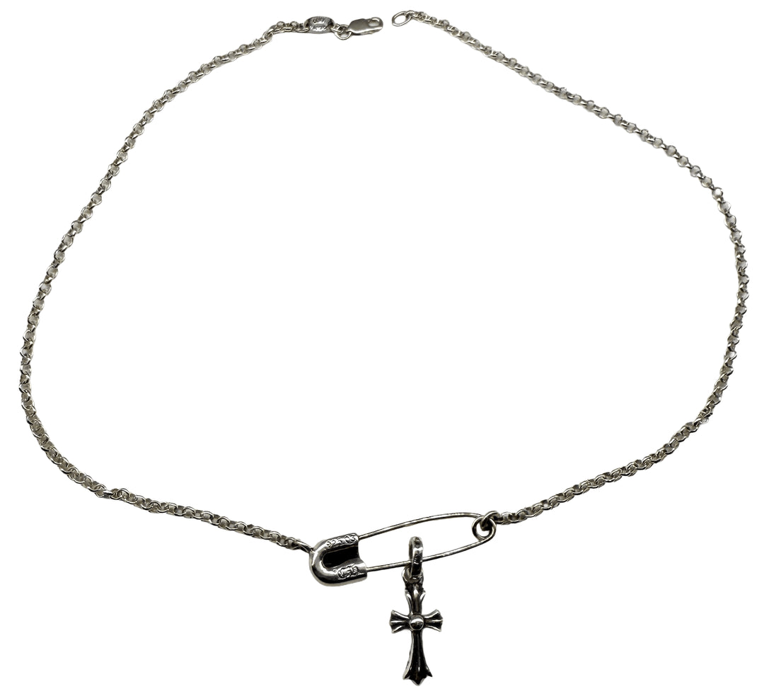 CHROME HEARTS SILVER 'SAFETY PIN AND DIAMOND CROSS' 15.5IN CHAIN NECKLACE