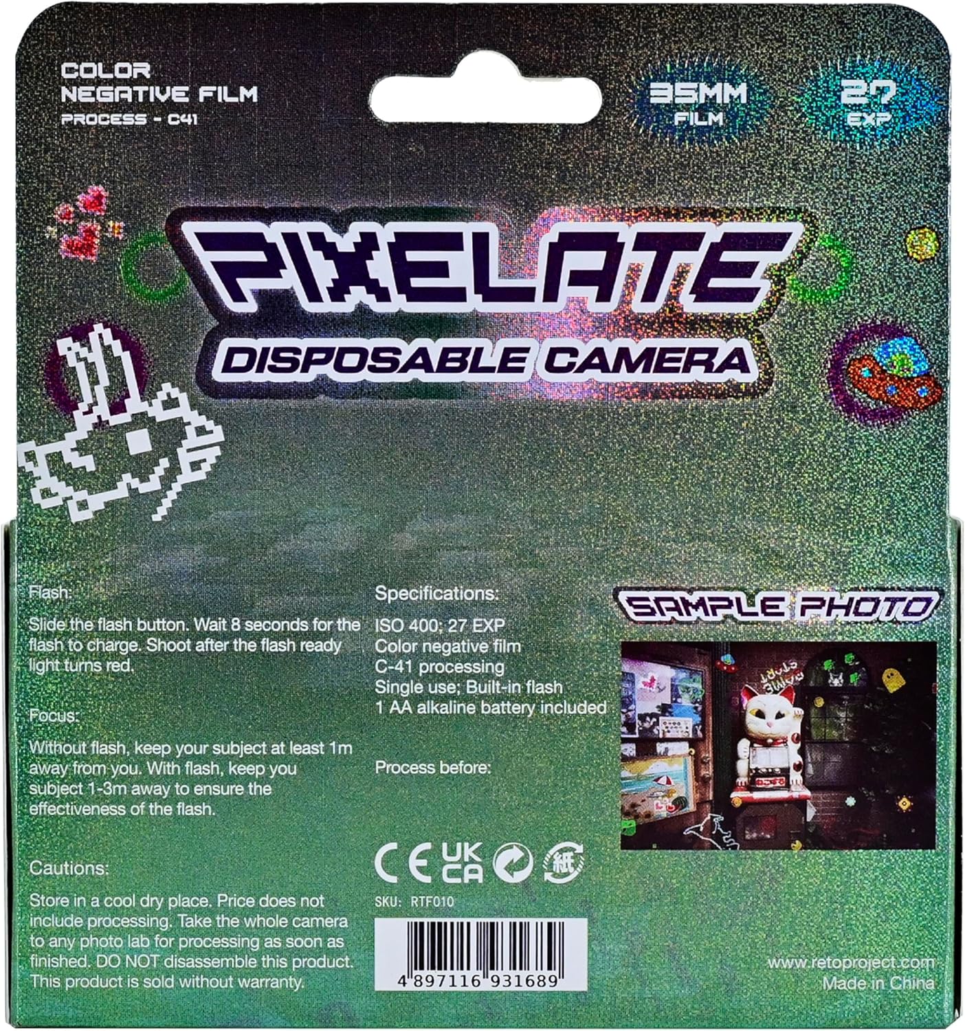 Retocolor Pixelate 400 35mm Disposable Film Camera 27EXP, ISO400, Color Negative Film, Focus-free, Easy to Use, Built-in Flash, Disposable (Film and Battery Included) (PIXELATE)