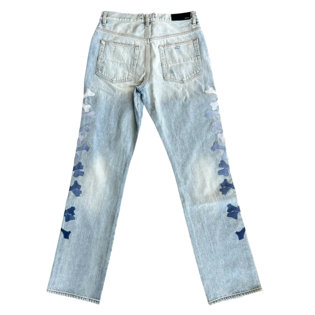 AMIRI 'BLUE/WHITE' GRADIENT BONES DISTRESSED STRAIGHT JEANS