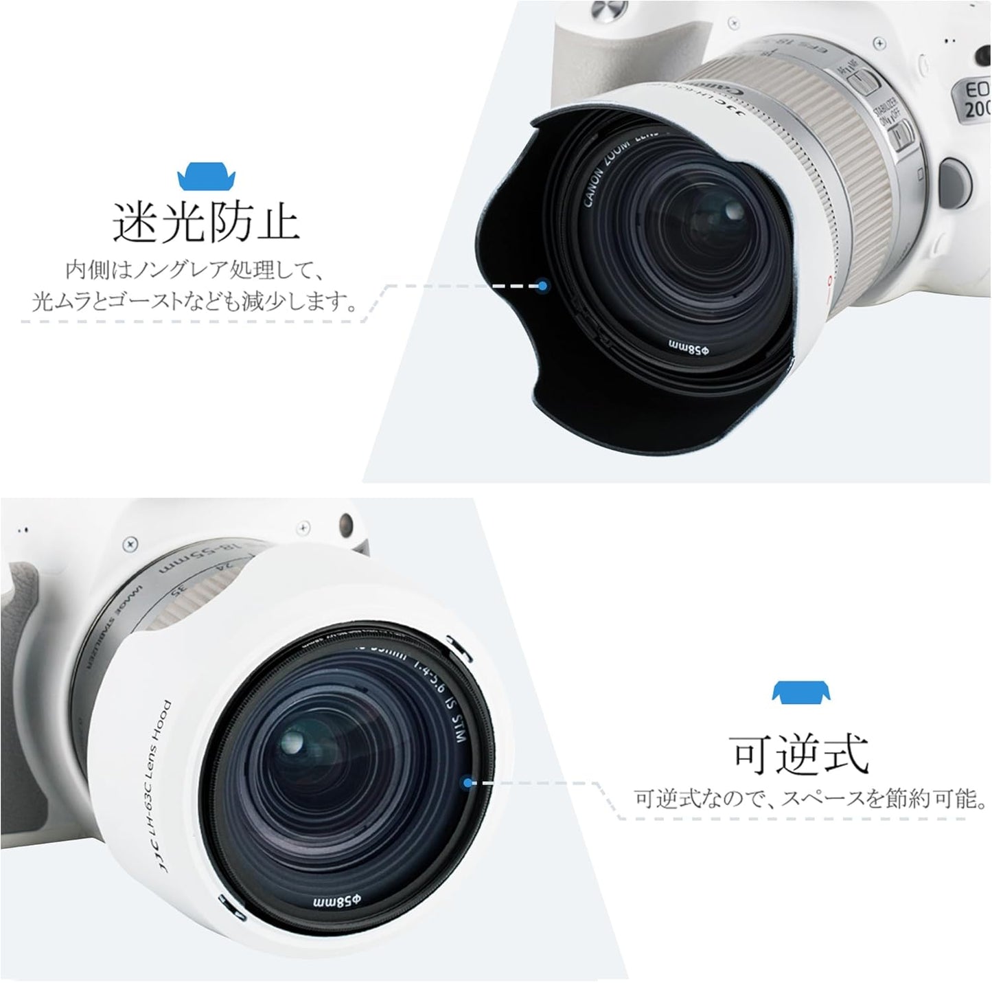 JJC Reversible Canon EW-63C Compatible Lens Shade for EF-S 18-55mm F3.5-5.6 IS STM & EF-S 18-55mm F4-5.6 IS STM Lens, White EOS Kiss X10i 90D Kiss X10 200DII 200D II 58mm Lens Hood and More