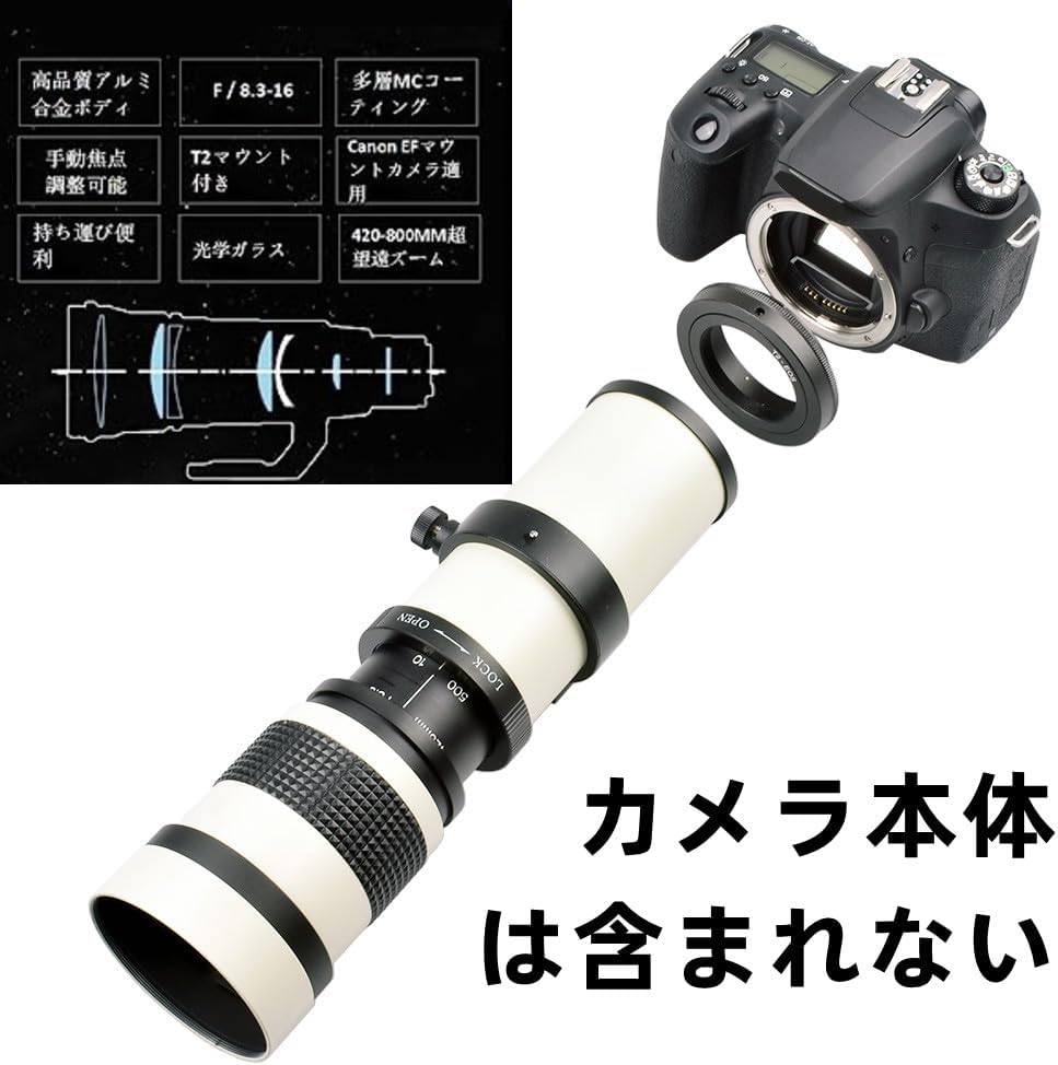 VGEBY Telephoto Lens for Canon EF-S Mount Camera 420-800mm Aperture F8.3-16 Full Manual Focus Telescope Zoom Multi-Layer MC Coating Manual Focus Lens Moon Observation Wildlife Distant Scenery