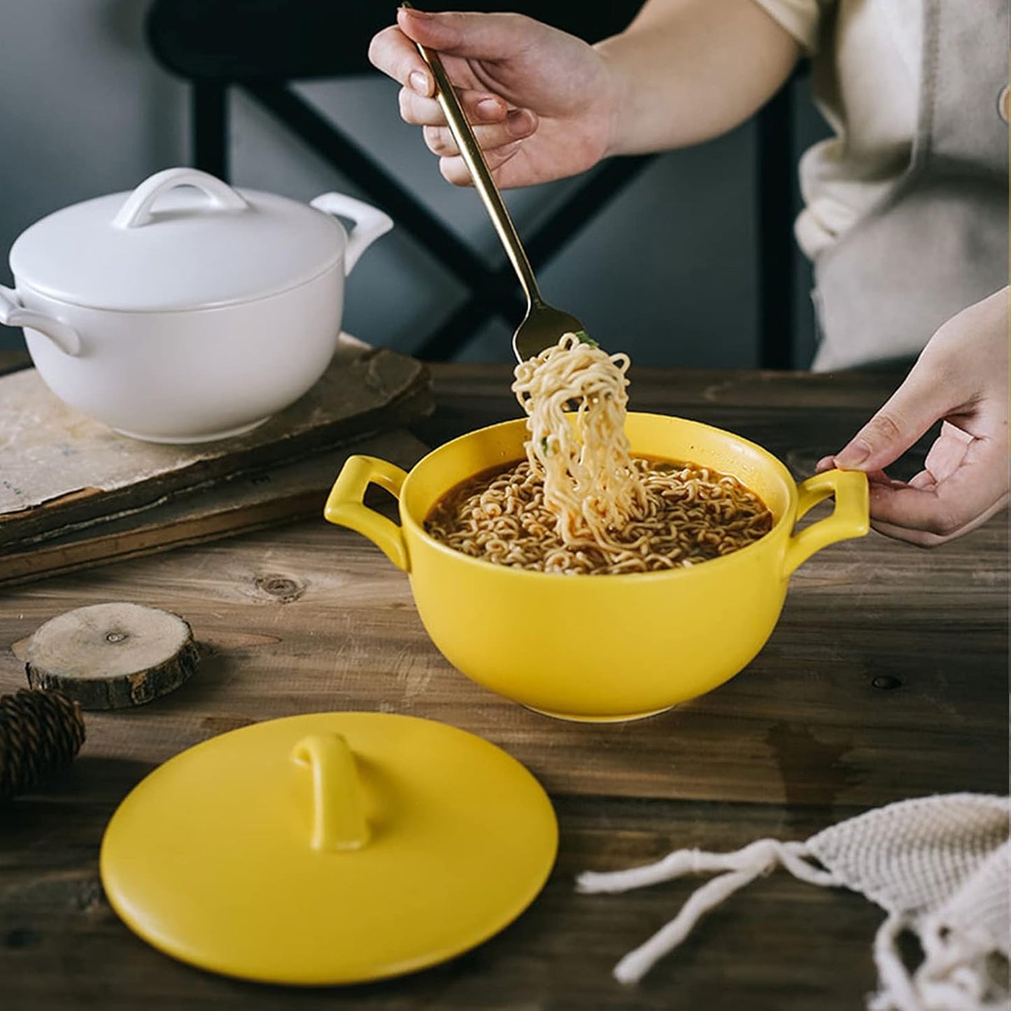 Tableware Udon Noodle Soba Cover Salad Bowl and Ceramic Instant Noodle Bowl Big Soup Bowl Restaurant Ramen Commercial Use (Color: Yellow, Size: One Size)
