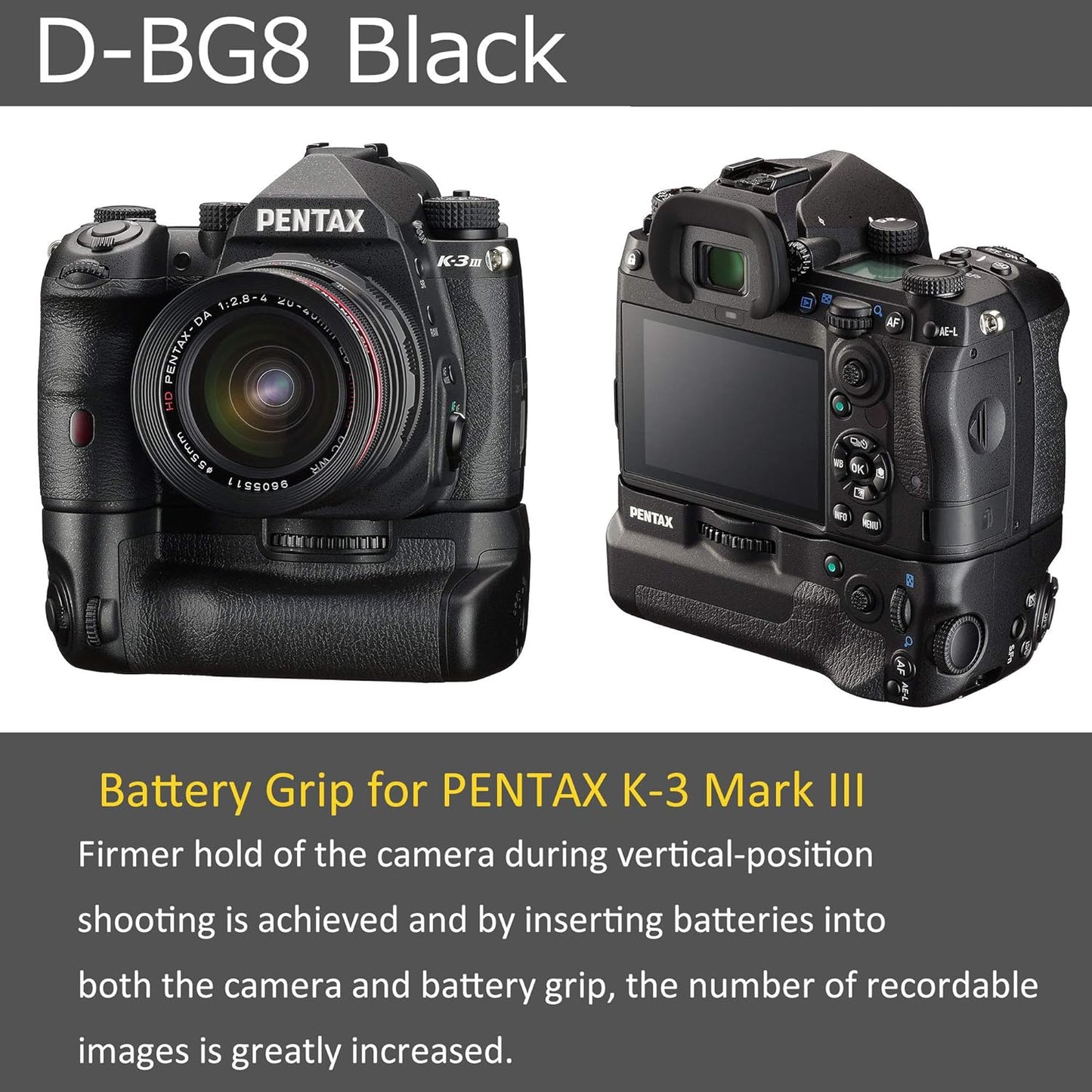 PENTAX D-BG8 Black Battery Grip for Pentax K-3 III Flagship DSLR Camera Dustproof Weatherproof Construction with Capacity to Hold Additional D-LI90 Batteries (37048)