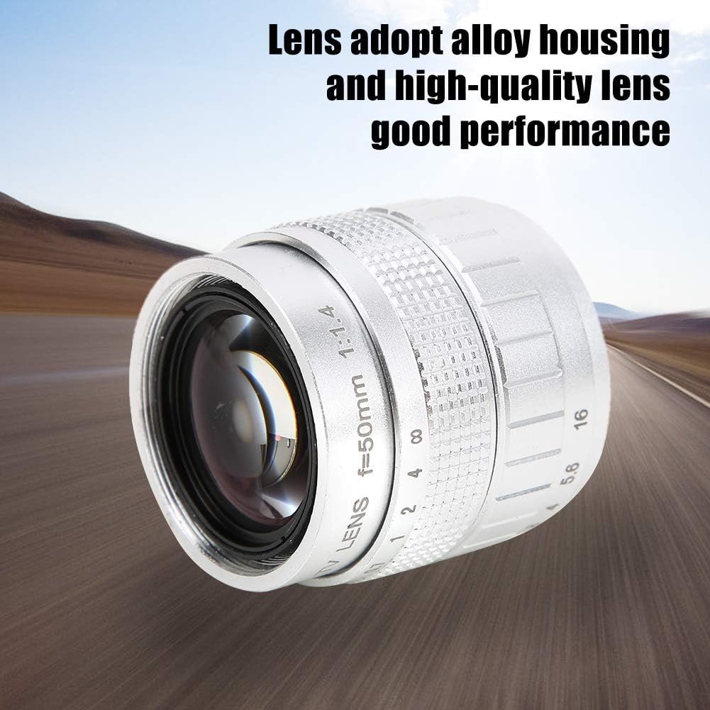 Mirrorless Camera Lens, 50mm F1.4 Manual Fixed Focus Lens Large Aperture C-Mount Lens with Adapter Ring for Olympus M4/3 for Canon Fuji Sony (Silver)