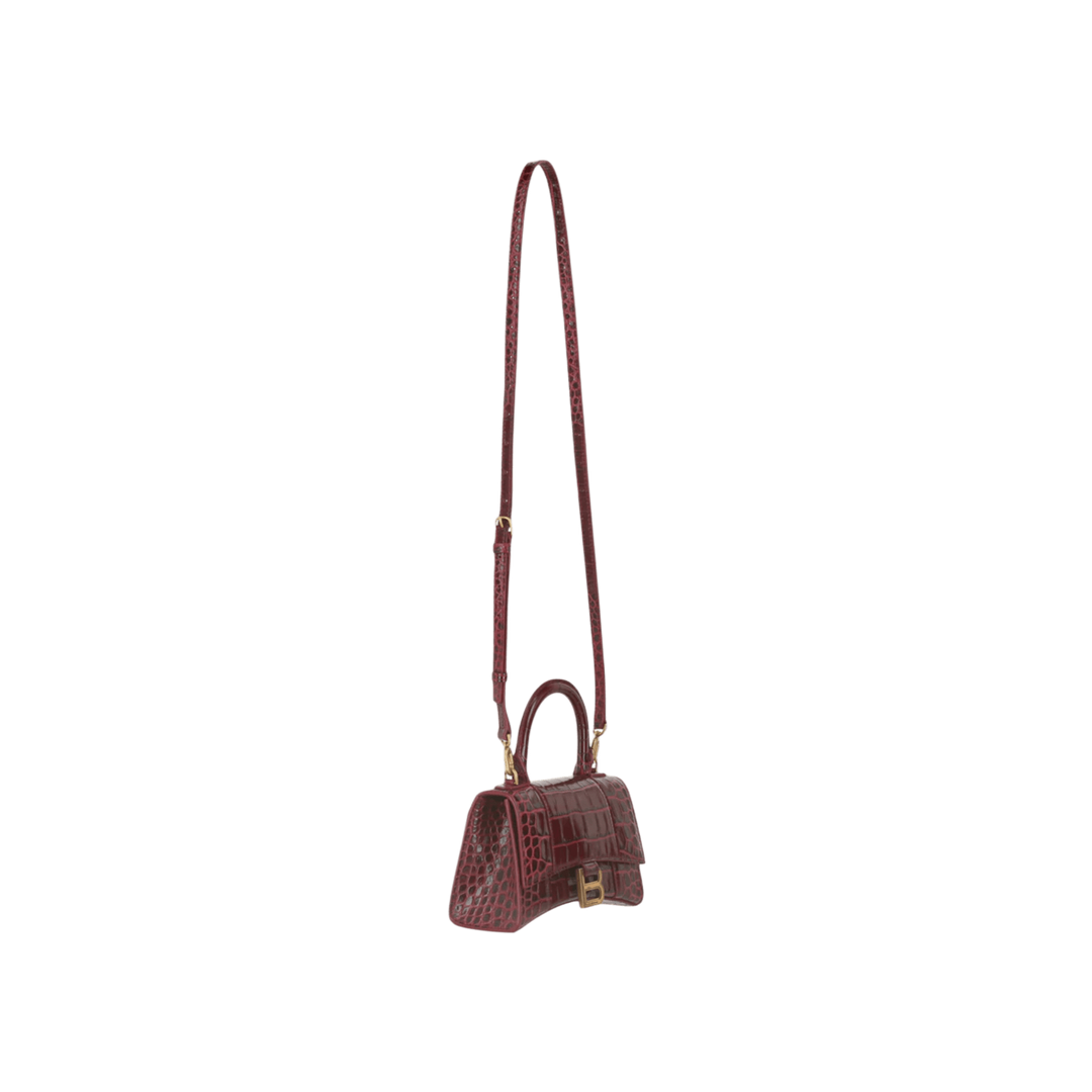 BALENCIAGA HOURGLASS S 'CROCODILE EMBOSSED CALFSKIN' BURGUNDY DARK RED GOLD HARDWARE HANDBAG