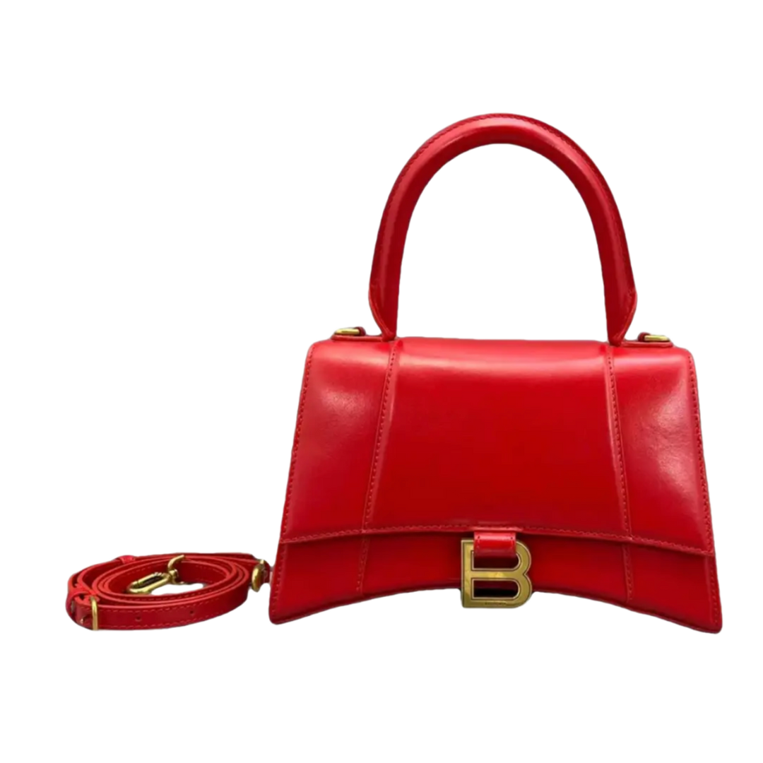 BALENCIAGA HOURGLASS S 'RED LEATHER' TOP HANDLE GOLD HARDWARE HANDBAG