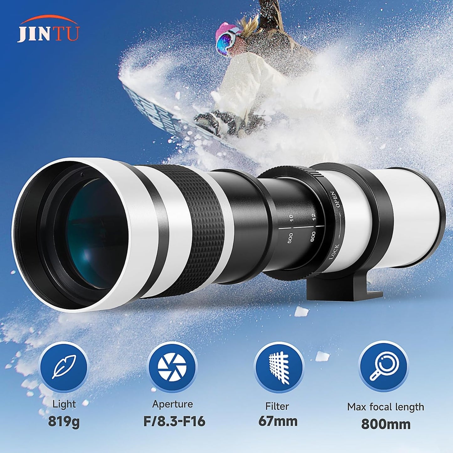JINTU 420-1600mm f/8.3 HD Manual Telephoto Lens NEX E-mount a7r a7s a7 a6500 a6300 a6000 a5100 a5000 a3000 NEX-7 NEX-6 NEX-5T NEX-5N NEX-5R 3N Digital Mirrorless Camera White