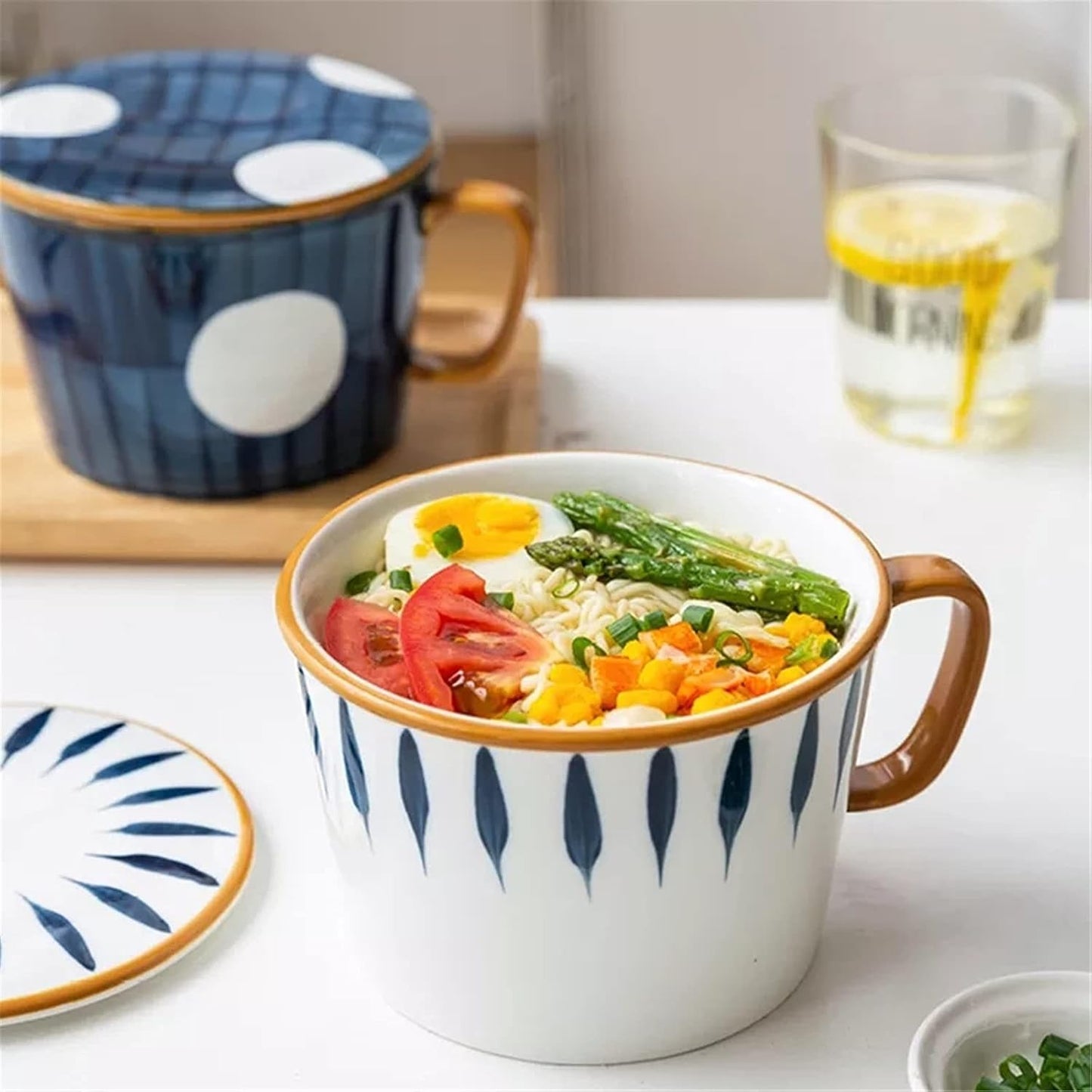 Tableware Udon Noodle Bowl with Handle Salad Dish Noodle Bowl Ceramic Instant Noodle Bowl for Restaurants Ramen Commercial Use (Color: Dandelion, Size: One Size)