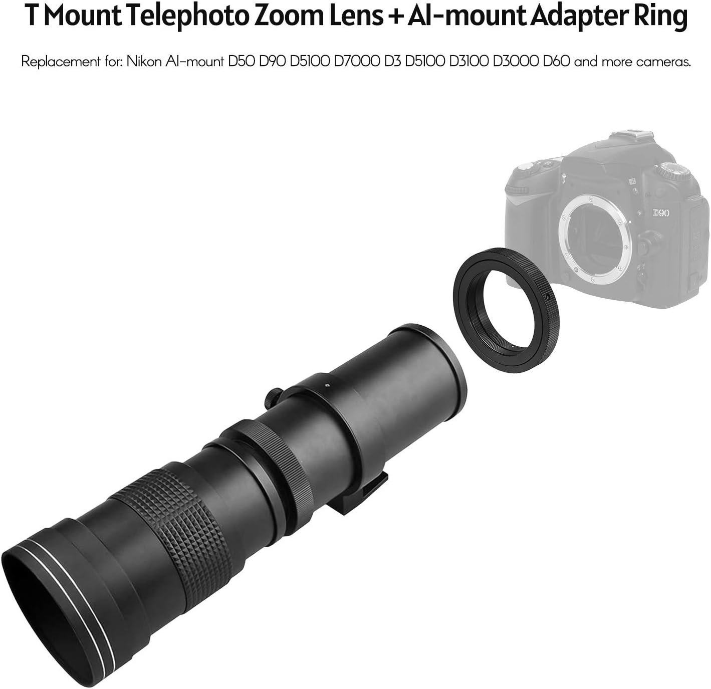 LOUJIN Camera MF Super Telephoto Zoom Lens F/8.3-16 420-800mm T2 Mount (with AI Mount Adapter Ring) Universal 1/4 Screw Replacement for Nikon AI Mount D50 D90 D5100 D7000 D3 D5100 D3100 D3000D60