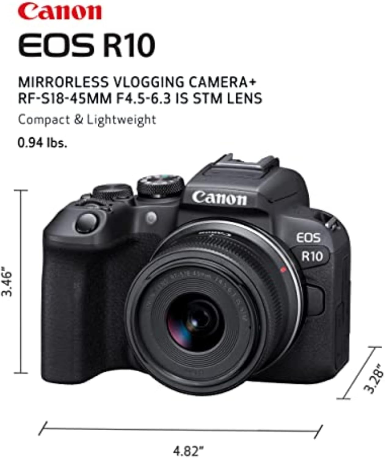 Canon EOS R10 Mirrorless Camera RF-S18-45mm F4.5-6.3 is STM Lens Kit Hybrid Camera 24.2MP CMOS (APS-C) Sensor for 4K Video Vlog Camera Content Creator (Black)