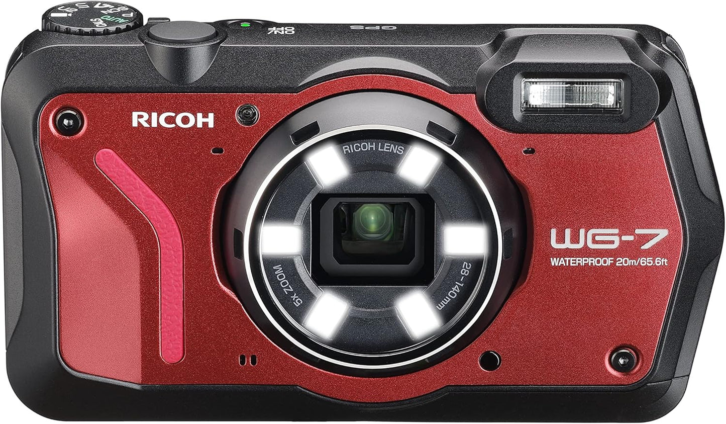 RICOH 3110 WG-7 Red Authentic Outdoor Camera, 20 Million Pixels, Wide Angle 1.1 inches (28 mm), 5x Optical Zoom, 6-Light Multi-Function Ring Light, Works in Construction and Sites, Equipped with "CALS