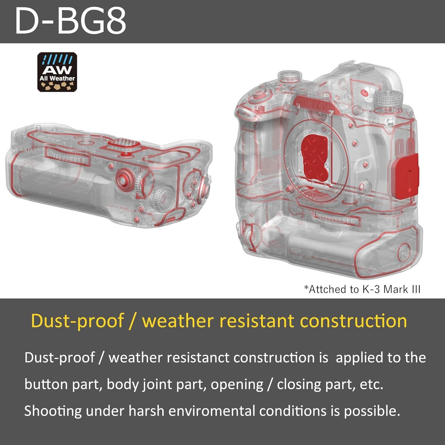 PENTAX D-BG8 Black Battery Grip for Pentax K-3 III Flagship DSLR Camera Dustproof Weatherproof Construction with Capacity to Hold Additional D-LI90 Batteries (37048)