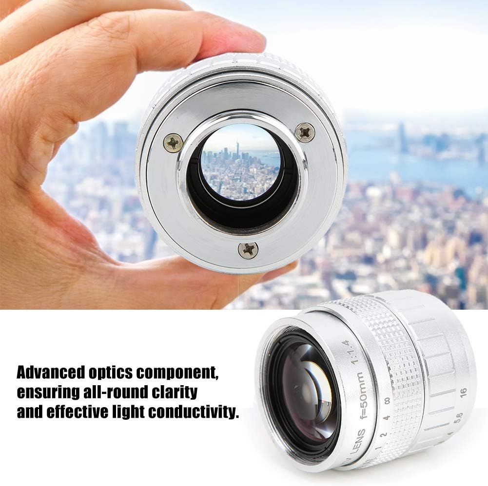 Mirrorless Camera Lens, 50mm F1.4 Manual Fixed Focus Lens Large Aperture C-Mount Lens with Adapter Ring for Olympus M4/3 for Canon Fuji Sony (Silver)