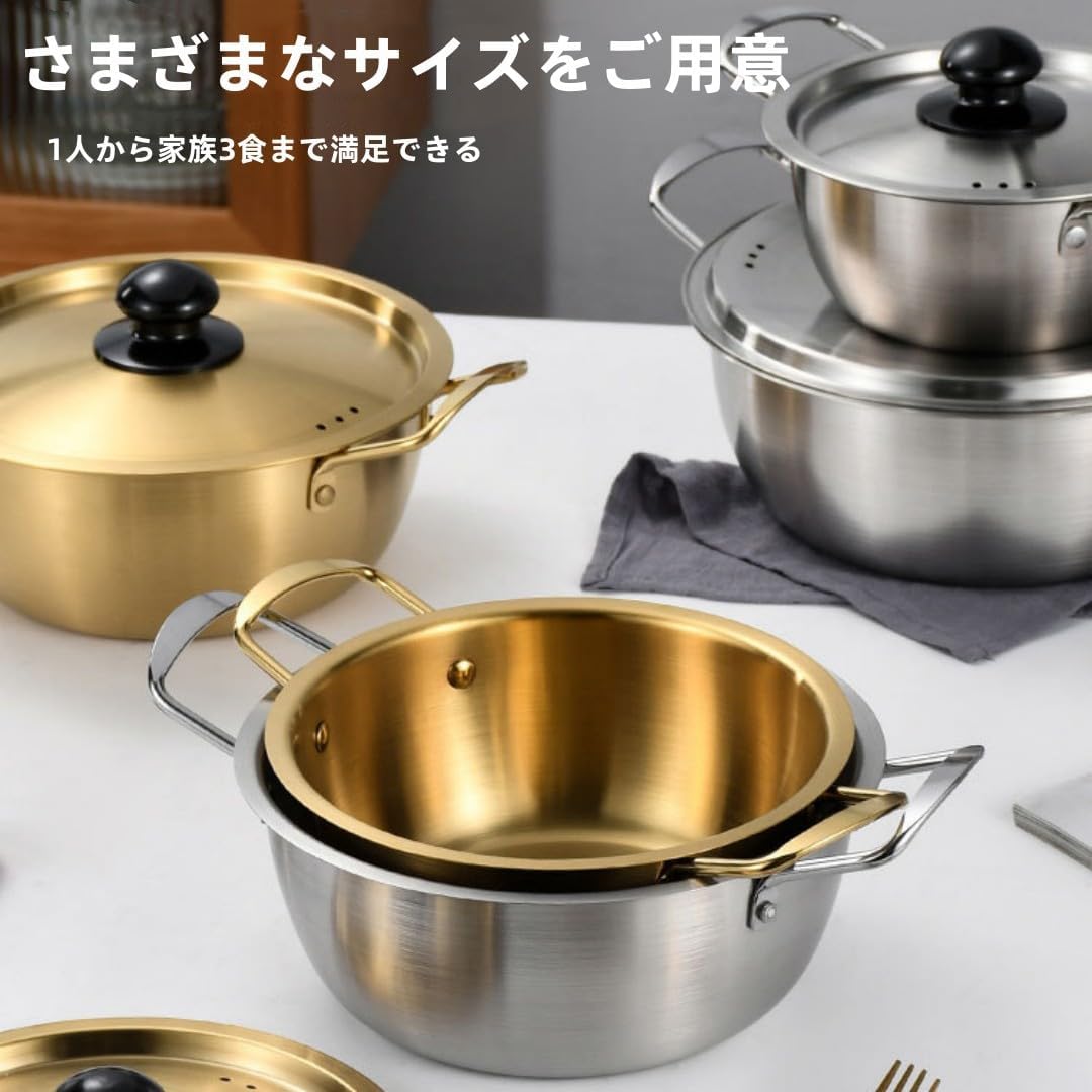 両手鍋 ステンレス鋼鍋 鍋料理 卓上鍋 IH対応 軽量 鍋蓋付 16cm-24cm 小さなスープポット 家庭用 業務用 鍋焼きうどん鍋 韓国ラーメン鍋 キッチン用 調理器具 インスタントラーメン 1~2人用 キッチン用品 (シルバー,22cm)
