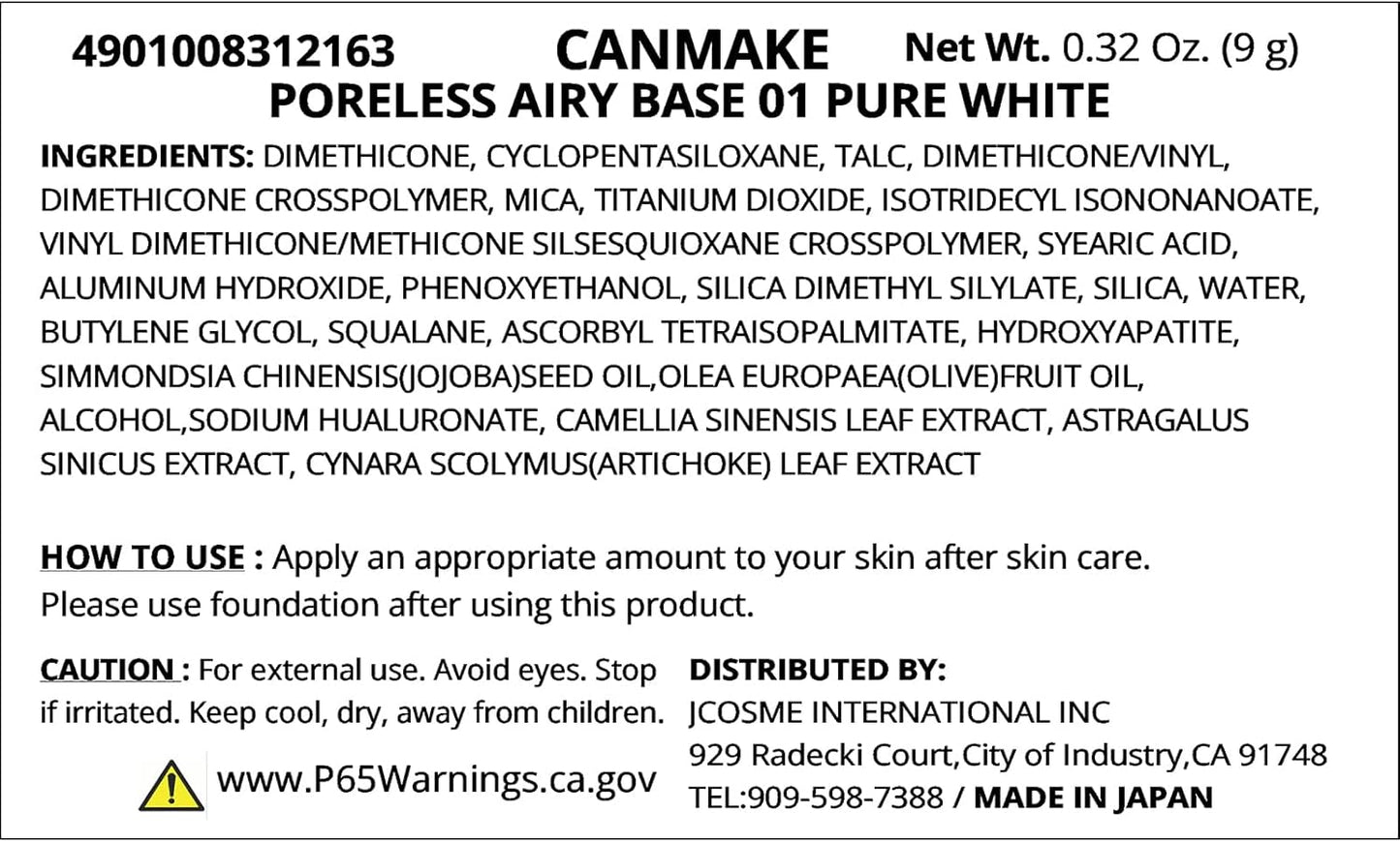 Canmake Poreless Airy Base 01 Pure White Makeup Base Jar 9 Grams (x1)