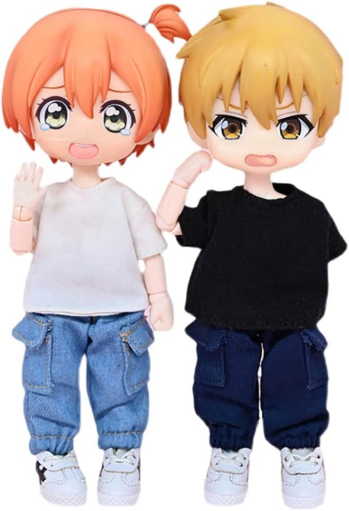 niannyyhouse OB11 Size Obitsu Doll for 4.3 inches (11 cm) Body, T-shirt + Pants, Set of 2, Plain T-shirt, Doll Clothing, Overalls, 1/12bjd Doll Clothes (White+Black)