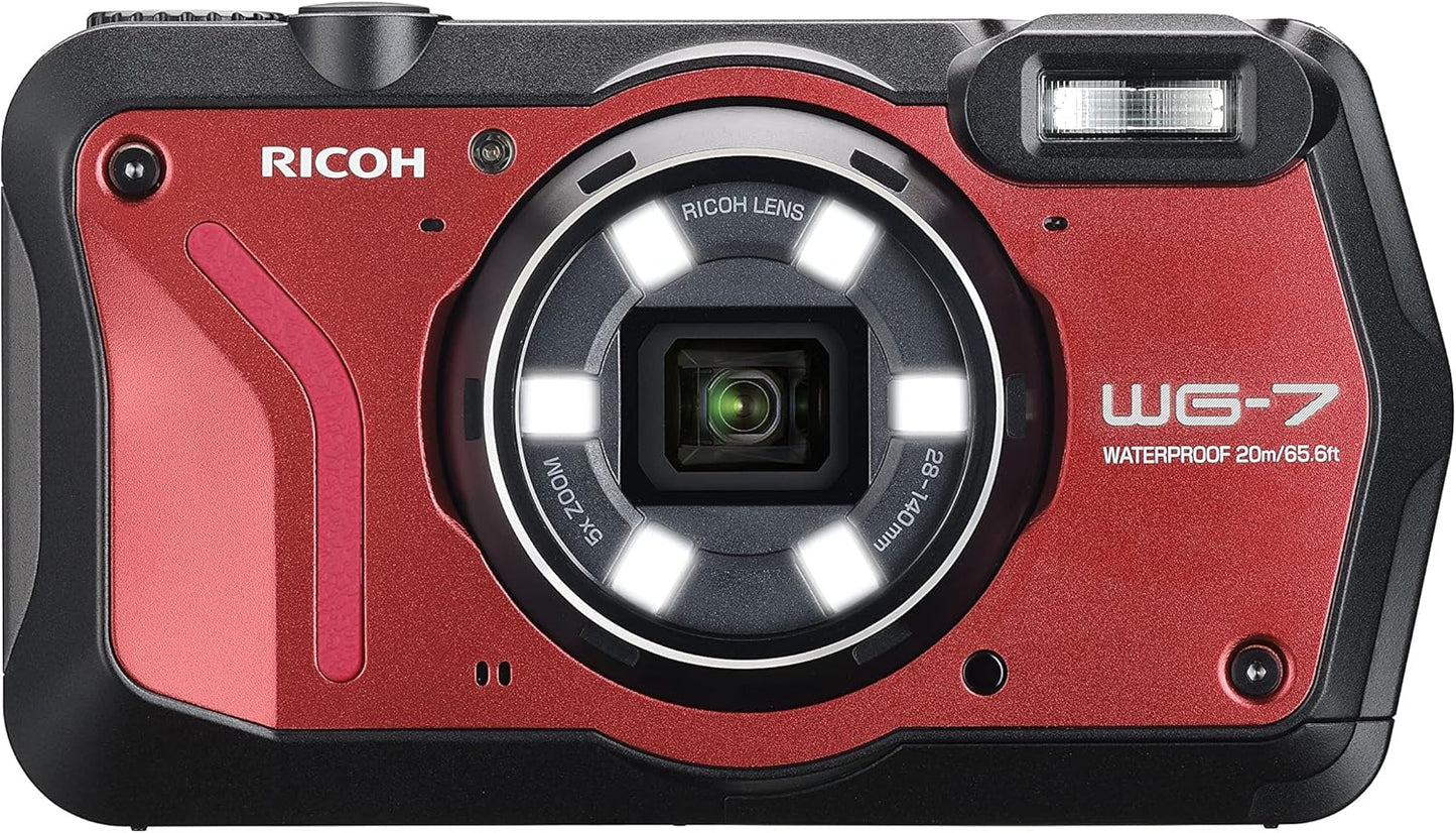 RICOH 3110 WG-7 Red Authentic Outdoor Camera, 20 Million Pixels, Wide Angle 1.1 inches (28 mm), 5x Optical Zoom, 6-Light Multi-Function Ring Light, Works in Construction and Sites, Equipped with "CALS