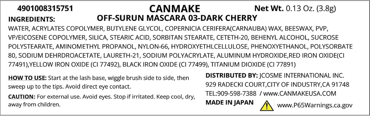 Canmake Off Mascara 03 Dark Cherry Hot Water Off Smudge Proof Curl Keep Film Type 03 (x1)