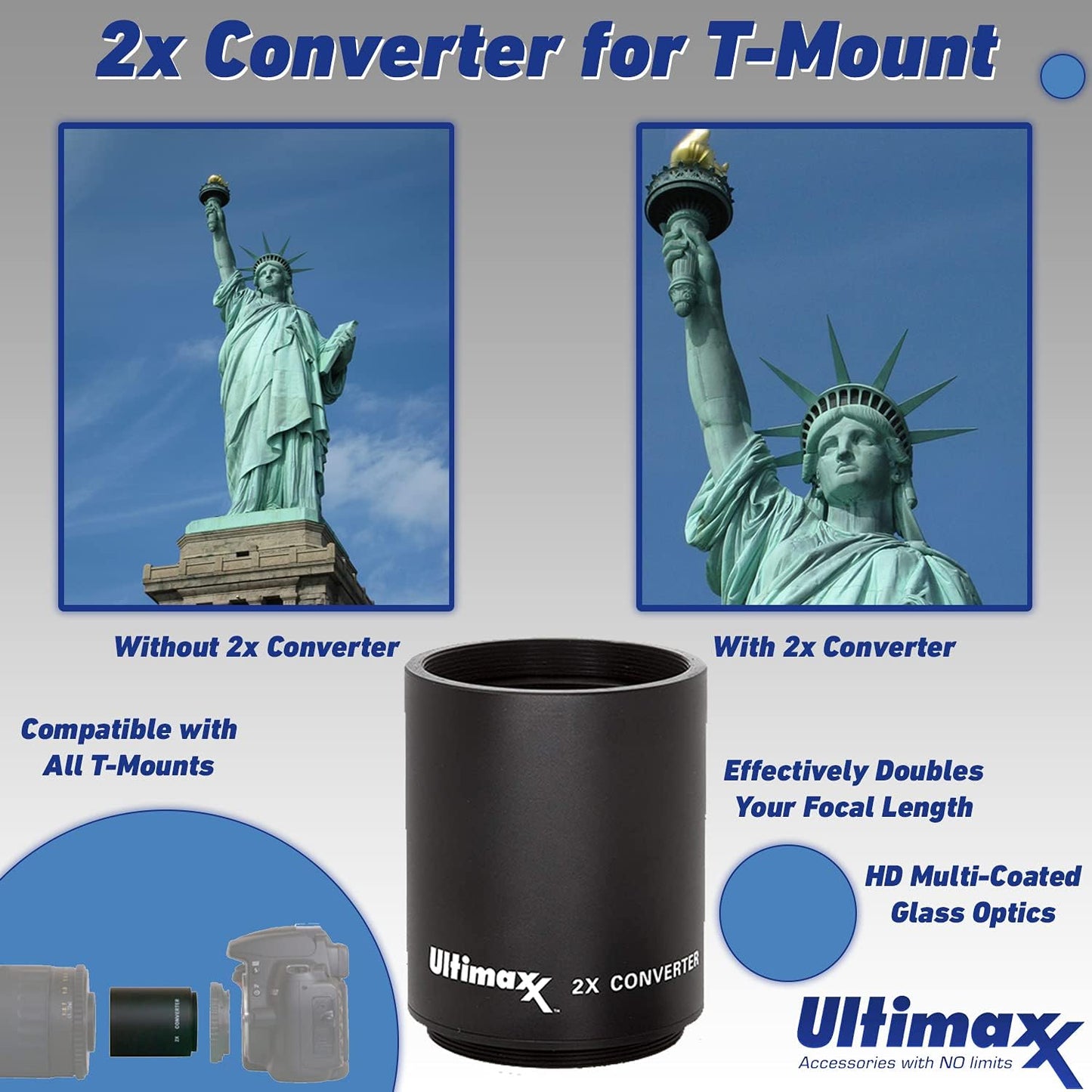 Ultimaxx 420-800mm (840-1600mm with Converter) f/8.3-16 Manual Telephoto Zoom T-Mount Lens Kit for Canon EOS Rebel T3 T3i T4i T5 T5i T6 T7 T6i T6s T7i T8i SL1 SL2 EOS 60D 77D 800000D 800 8 0 d, 90d