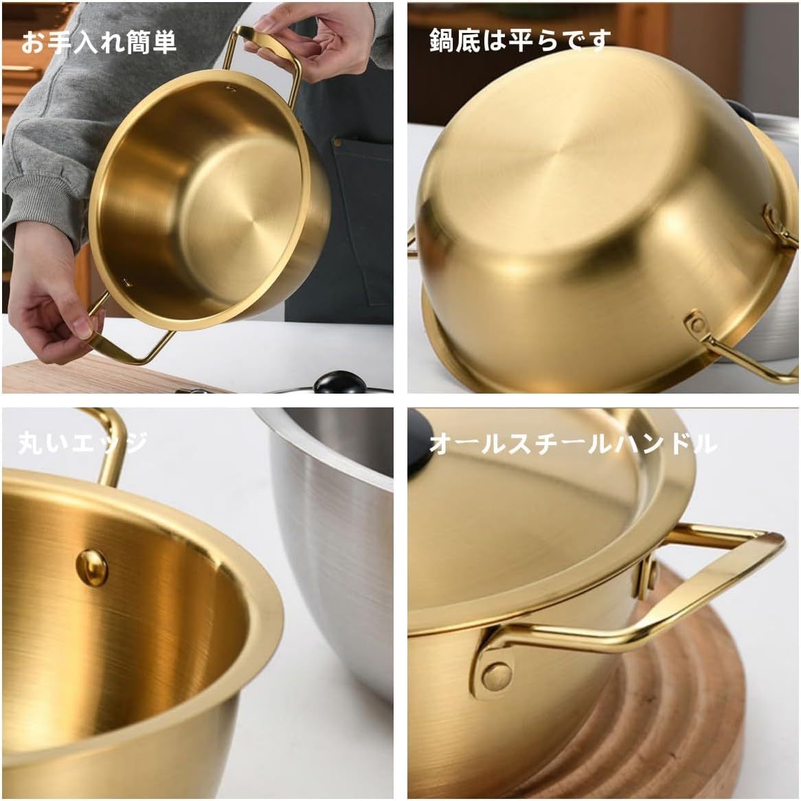 両手鍋 ステンレス鋼鍋 鍋料理 卓上鍋 IH対応 軽量 鍋蓋付 16cm-24cm 小さなスープポット 家庭用 業務用 鍋焼きうどん鍋 韓国ラーメン鍋 キッチン用 調理器具 インスタントラーメン 1~2人用 キッチン用品 (シルバー,22cm)
