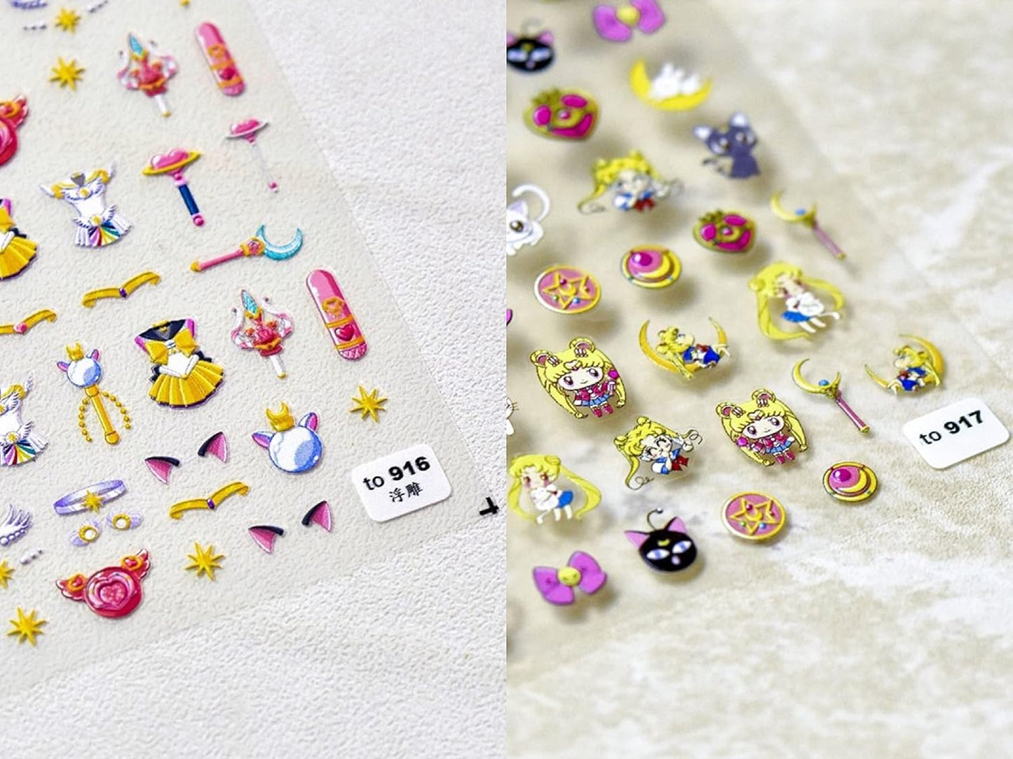 New Sailor Moon 5D Embossed Anime Nail Art Sticker Decal Kids Princess Cartoon Cartoon Moon Hair Sailor Moon Anime Nail Art Stickers(2 Pcs)+4pcs Sailor Moon 3D Diamond Nail Art Accessories for Nail