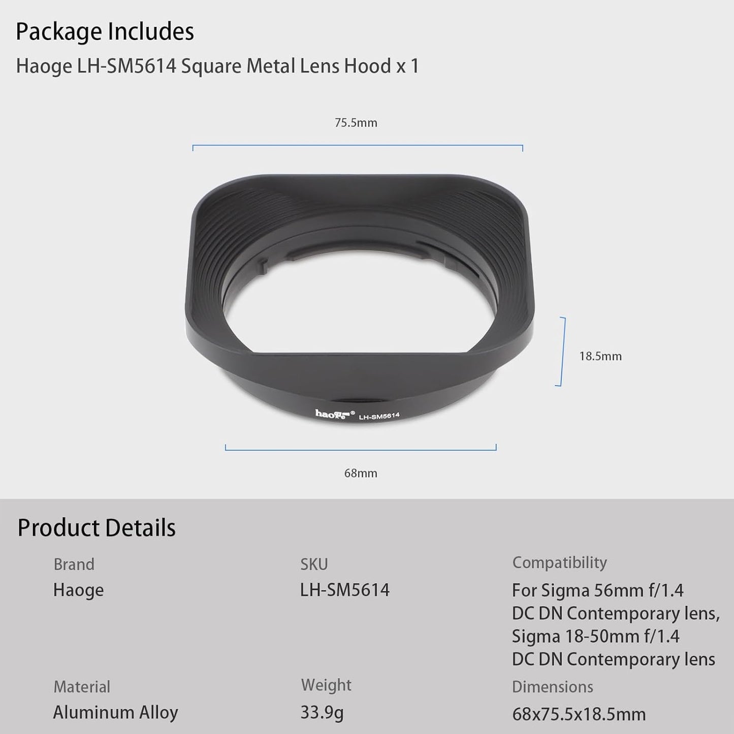 Haoge Bayonet Square Metal Lens Hood for Sigma 56mm F1.4, 18-50mm F2.8 DC DN | For Contemporary Lenses, LH-SM5614