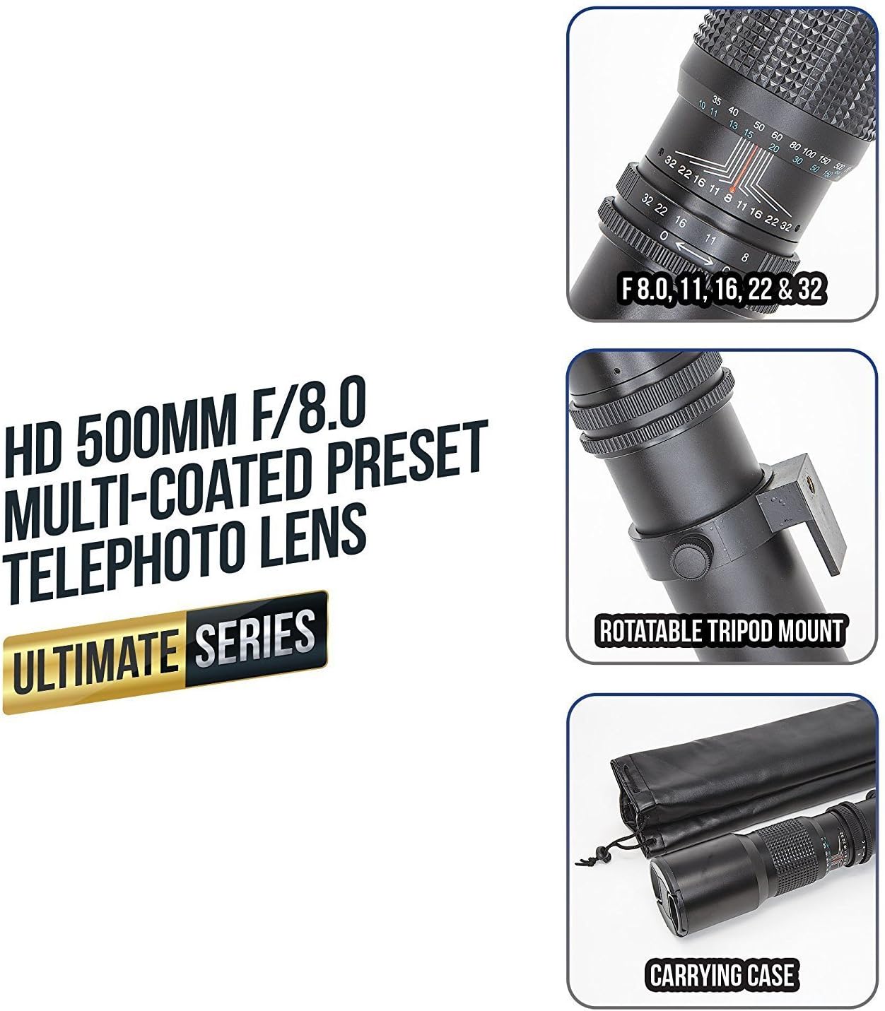 Ultimaxx 500mm/1000mm f/8 Multicoated Lens Kit D7200 D7100 D7000 D5500 D5300 D5200 D5100 D5000 D3300 D3200 D3100 D3000 D700 0 D60 0 D500 D90 D80 D70 D60 D50 and other Nikon DSLR Cameras