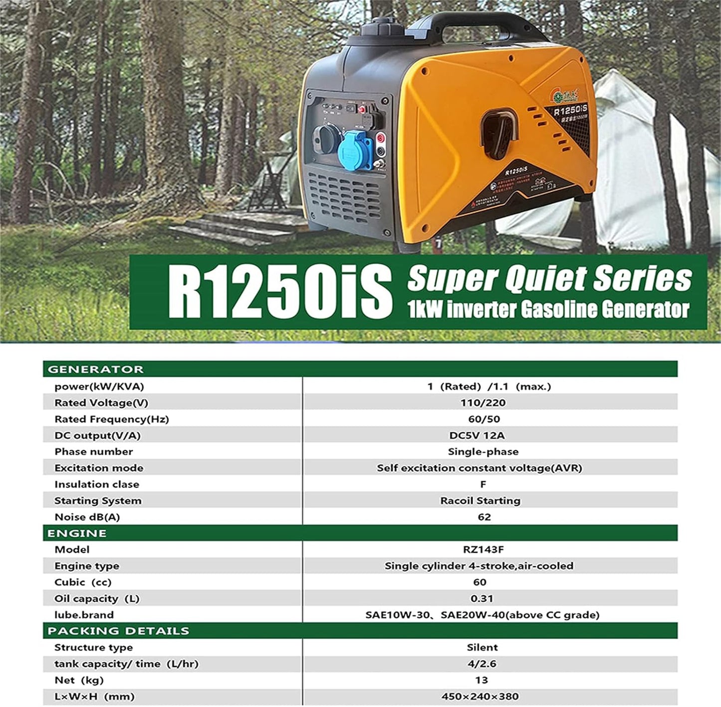 1Kw Portable Gasoline Inverter Generator, Easy Start Gasoline Engine, Lightweight and Compact for Home Camping