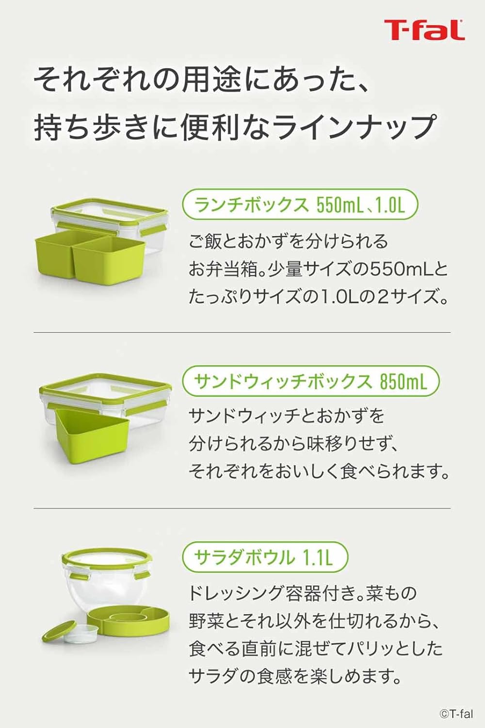 T-fal Storage Container Bento Box 550mL Sealed One-Piece Gasket Structure "Master Seal To Go Lunch Box" with Divider 30-Year Warranty N10724