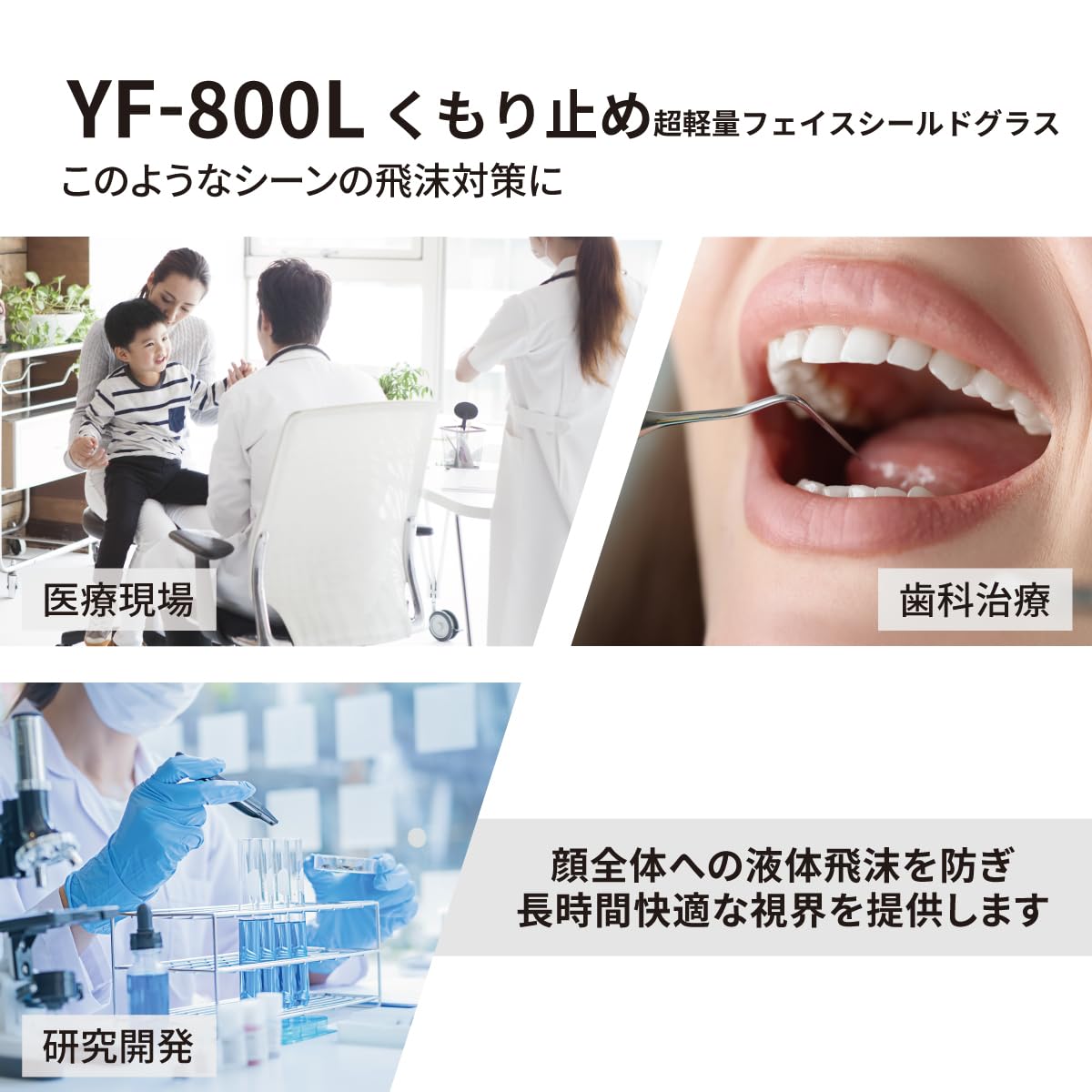 山本光学 フェイスシールド グラス YF-800S スタンダードモデル メガネ型 本体セット(フレーム1本+レンズ3枚入り) くもり止め加工 超軽量 医療用 眼の周辺を保護 眼鏡/マスク併用可 日本製