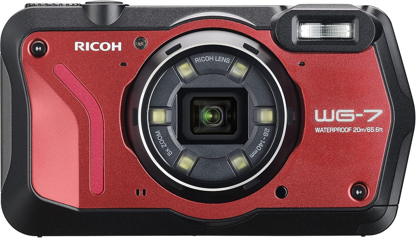 RICOH 3110 WG-7 Red Authentic Outdoor Camera, 20 Million Pixels, Wide Angle 1.1 inches (28 mm), 5x Optical Zoom, 6-Light Multi-Function Ring Light, Works in Construction and Sites, Equipped with "CALS