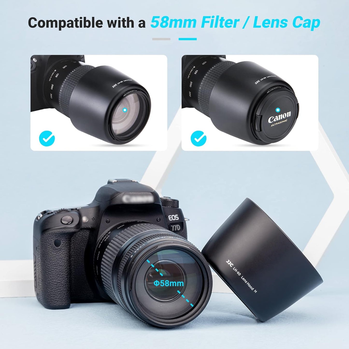 JJC Compatible Canon ET-60 Lens Hood for Canon EF 75-300mm f/4-5.6 III USM/EF-S 55-250mm f/4-5.6 IS II Lens Ф58mm Protective Filter and Lens Cap