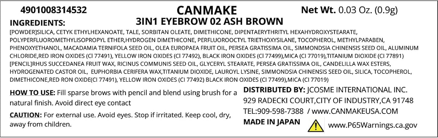 CANMAKE TOKYO 3 in 1 Eyebrow 02 Ash Brown Pencil Eyebrow Powder Eyebrow with Brush