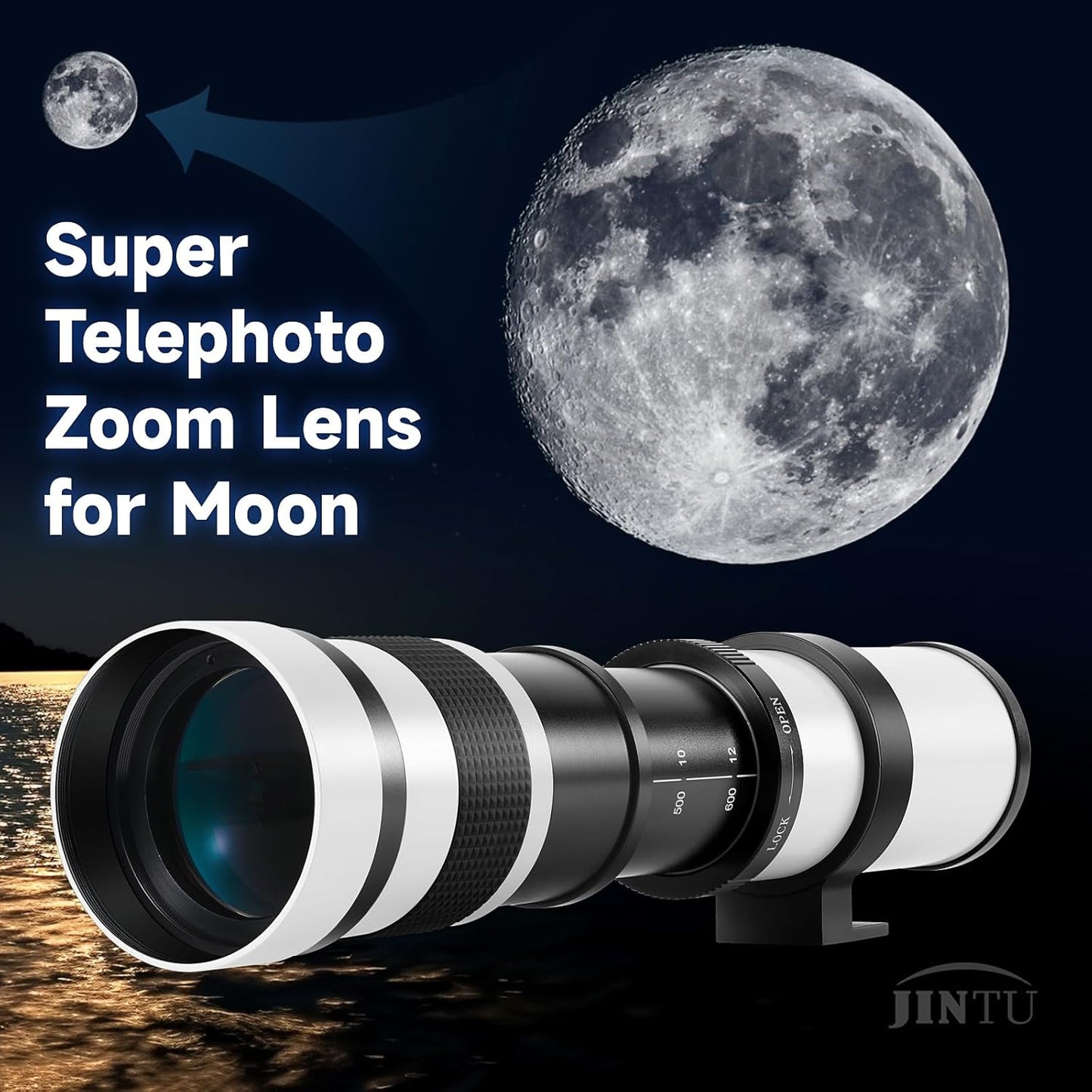 JINTU 420-1600mm Telephoto Zoom Lens for F/8.3-F16 80D, 70D, 77D, 60D, 60Da, 1Ds, Mark III and II 7D, 6D, 5D, 5DS Rebel T7i, T7s, T6s, T6i, T6, T5i, T5, T4i, T3, SL2 4000D 20000D d 1200 d 650d 550d