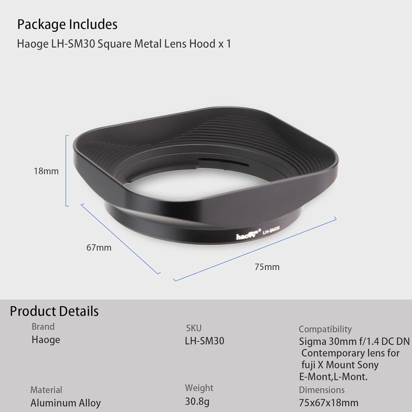 Haoge Bayonet Square Metal Lens Hood for Sigma 30mm F1.4 DC DN Lens LH-SM30