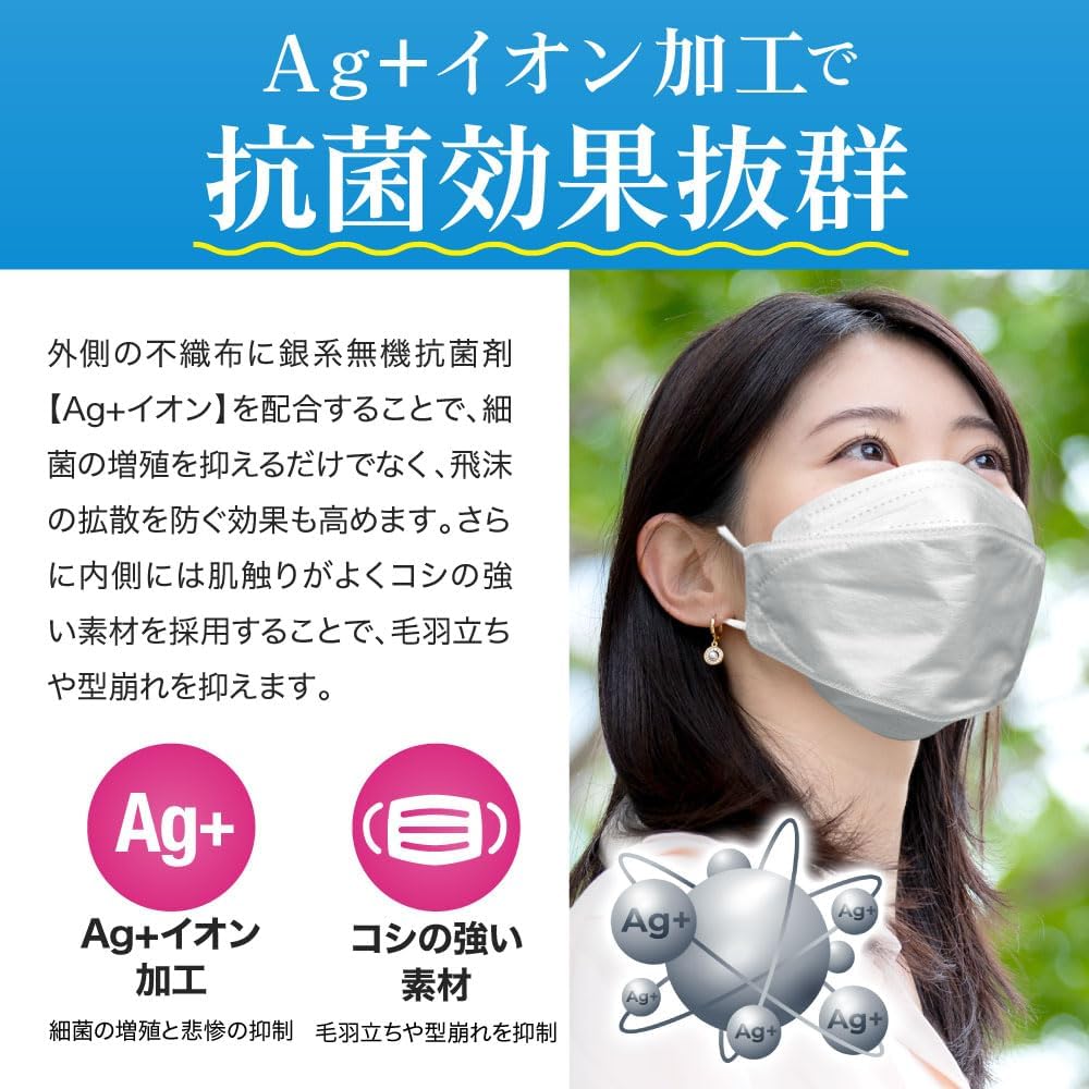 SHARP Official COCORO STORE Non-woven Mask, 15 Pieces, Regular Size, Made in Japan, Sharp Crystal Mask, Inorganic (Silver), Antibacterial Agent, Mask, 3D Crystal Shape, Individually Packaged, Soft