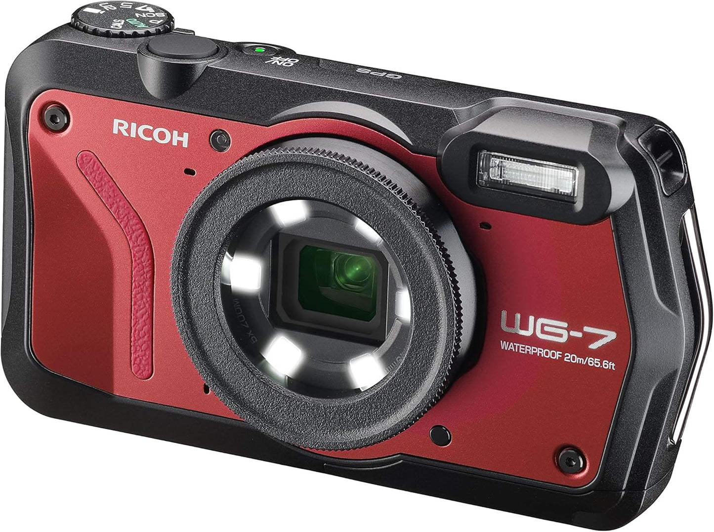 RICOH 3110 WG-7 Red Authentic Outdoor Camera, 20 Million Pixels, Wide Angle 1.1 inches (28 mm), 5x Optical Zoom, 6-Light Multi-Function Ring Light, Works in Construction and Sites, Equipped with "CALS