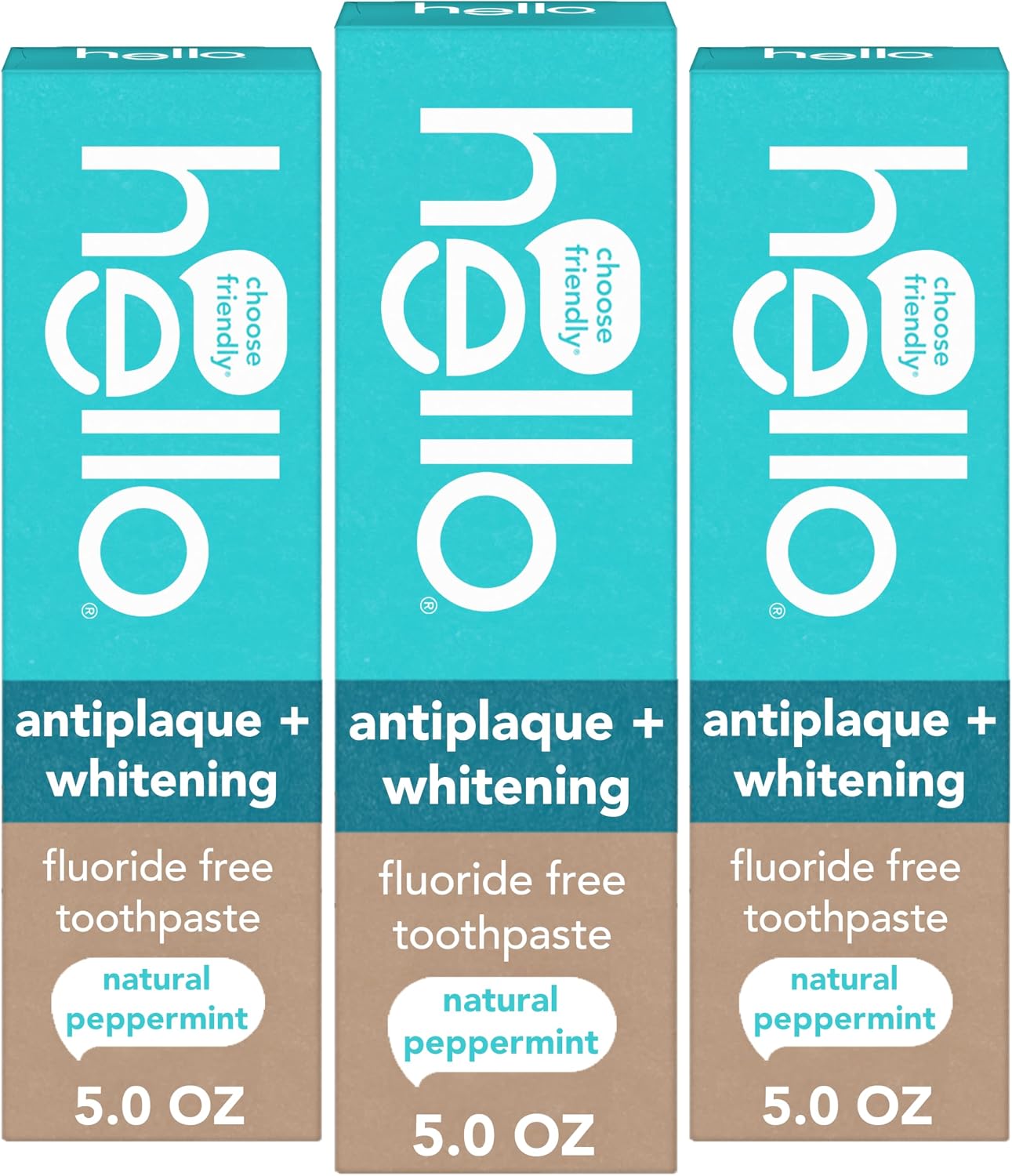 Hello Pasta de dientes antiplaca y blanqueadora sin flúor, tubo de 5 onzas, pasta de dientes blanqueadora con sabor natural a menta y aceite de árbol de té, aplasta el sarro y ayuda a eliminar las