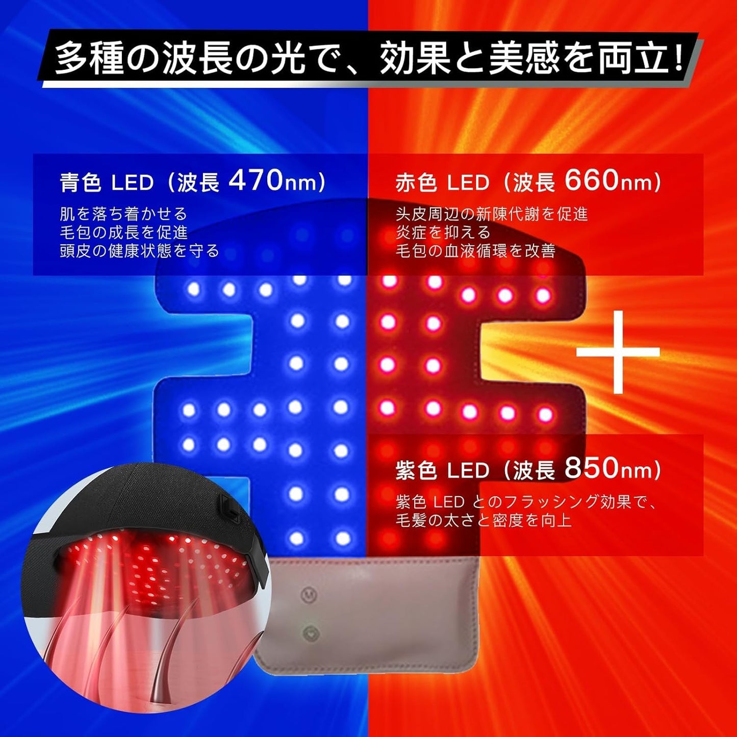 育毛キャップ 青色LED 赤色LED 頭皮 赤色光キャップ 育毛キャップ 増毛 スカルプケア 男女兼用 発毛促進 発毛 養毛 脱毛 薄毛 かんたん操作 56灯 450nm-850nm 「取り外し可能」他の帽子に交換することができます (black)